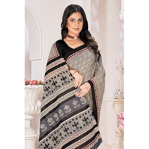 Tamaira Fashion Women's Hand Block Printed Pure Cotton Mulmul Saree Without Blouse Piece(2507_Grey&Black)
