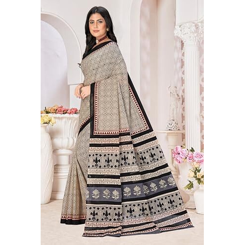 Tamaira Fashion Women's Hand Block Printed Pure Cotton Mulmul Saree Without Blouse Piece(2507_Grey&Black)