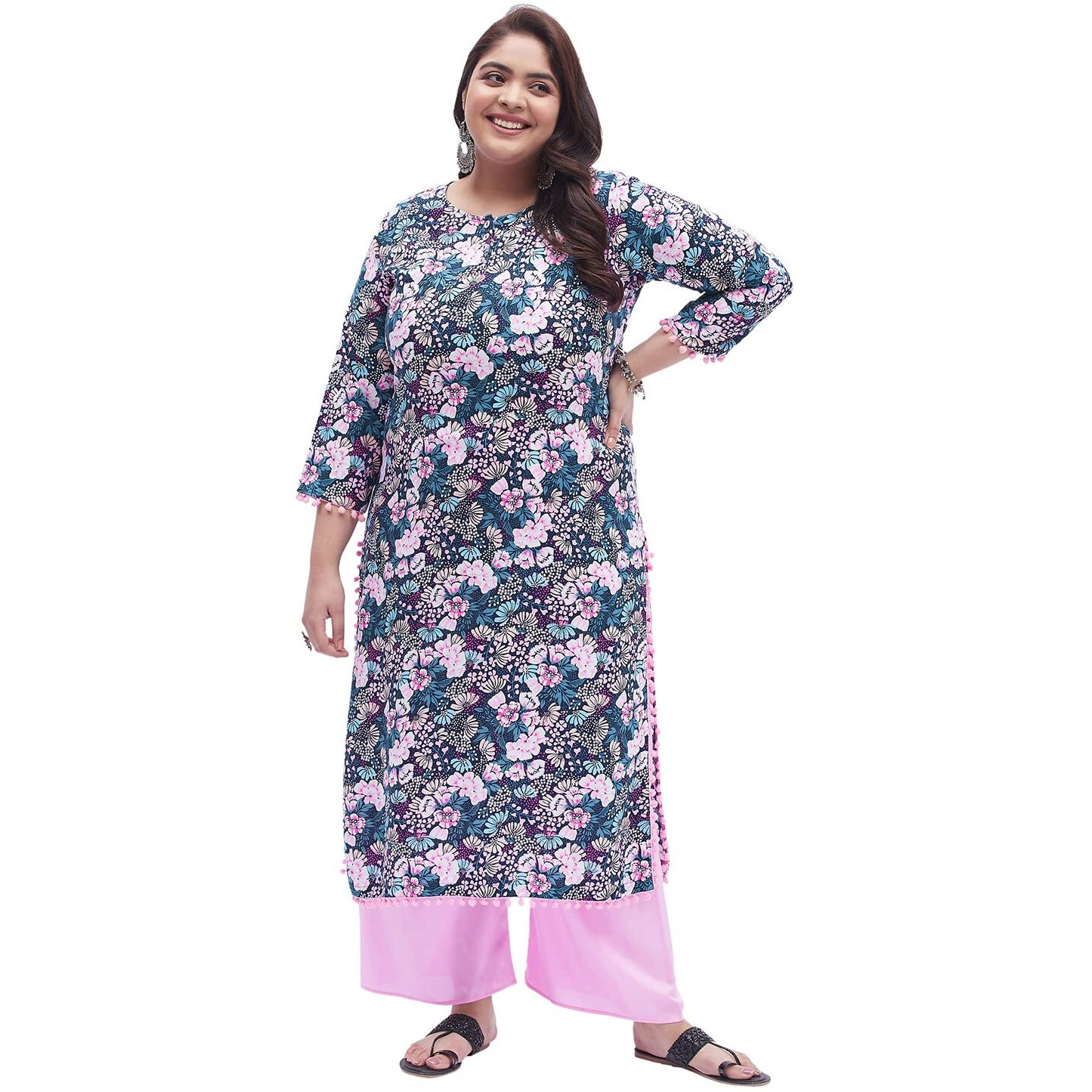 Tissu Women's Plus Size Multicolored Floral Printed Kurta With Palazzo (T-Plus-643_Multi_3Xl)