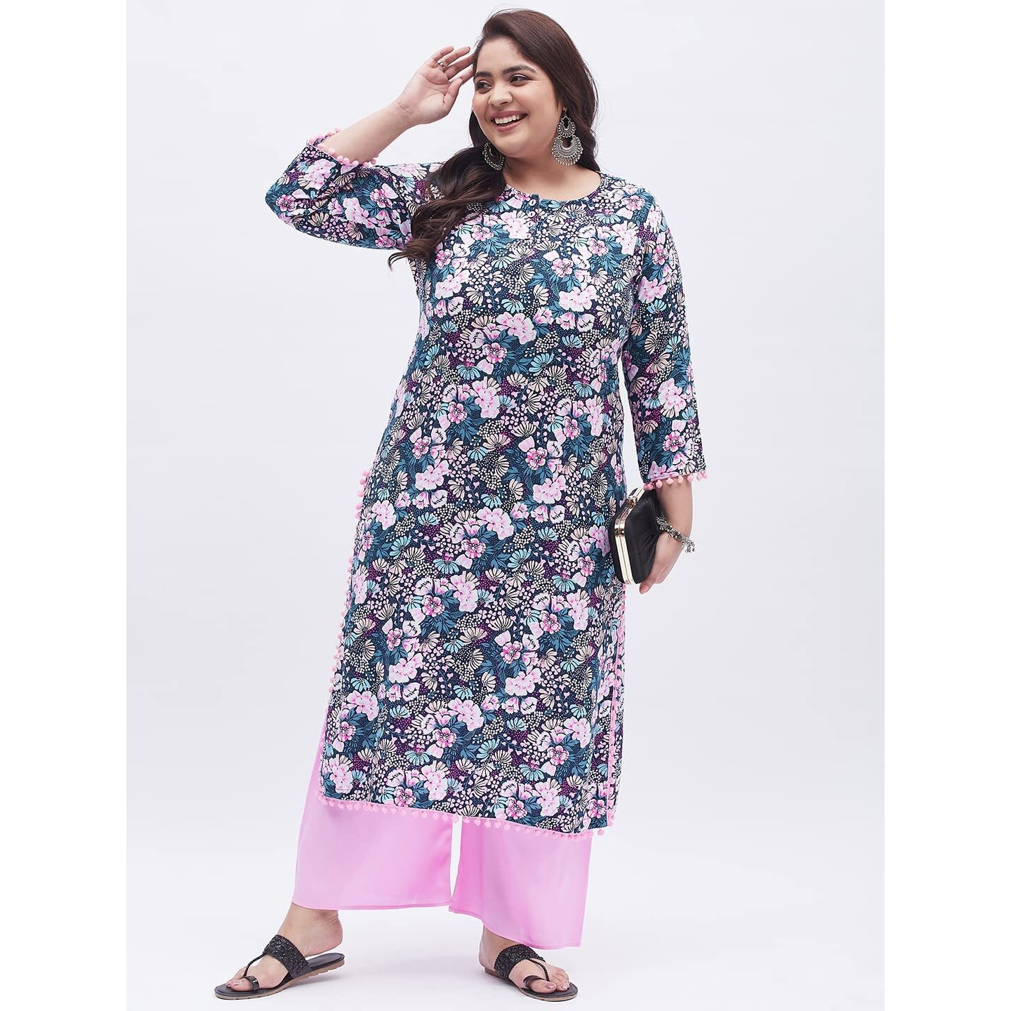 Tissu Women's Plus Size Multicolored Floral Printed Kurta With Palazzo (T-Plus-643_Multi_3Xl)