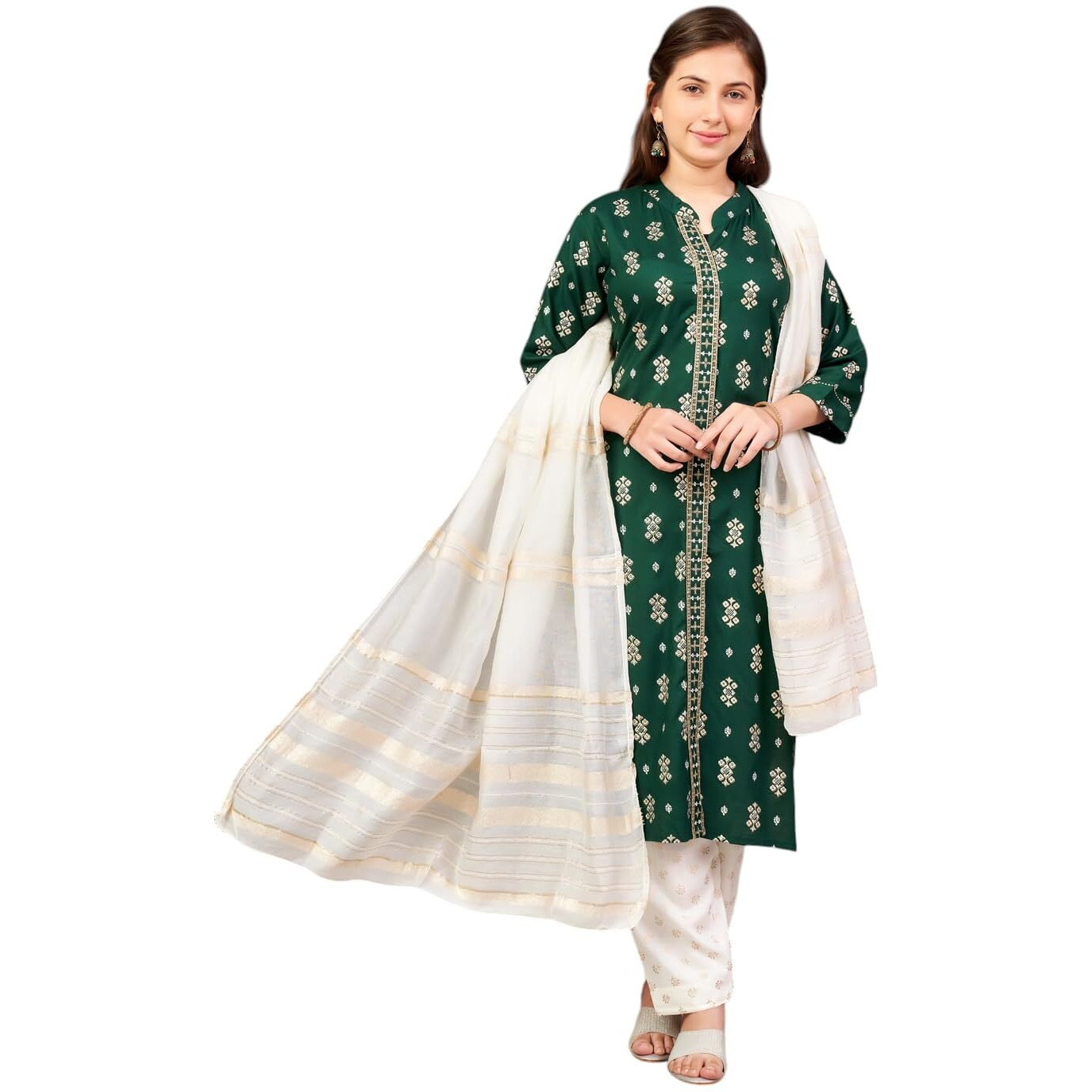 Aarika Girls Ethnic Wear Green-Off White Colour Foil Print Rayon Kurti Pant Set-8-15 Years (Kp-Sd-2944)