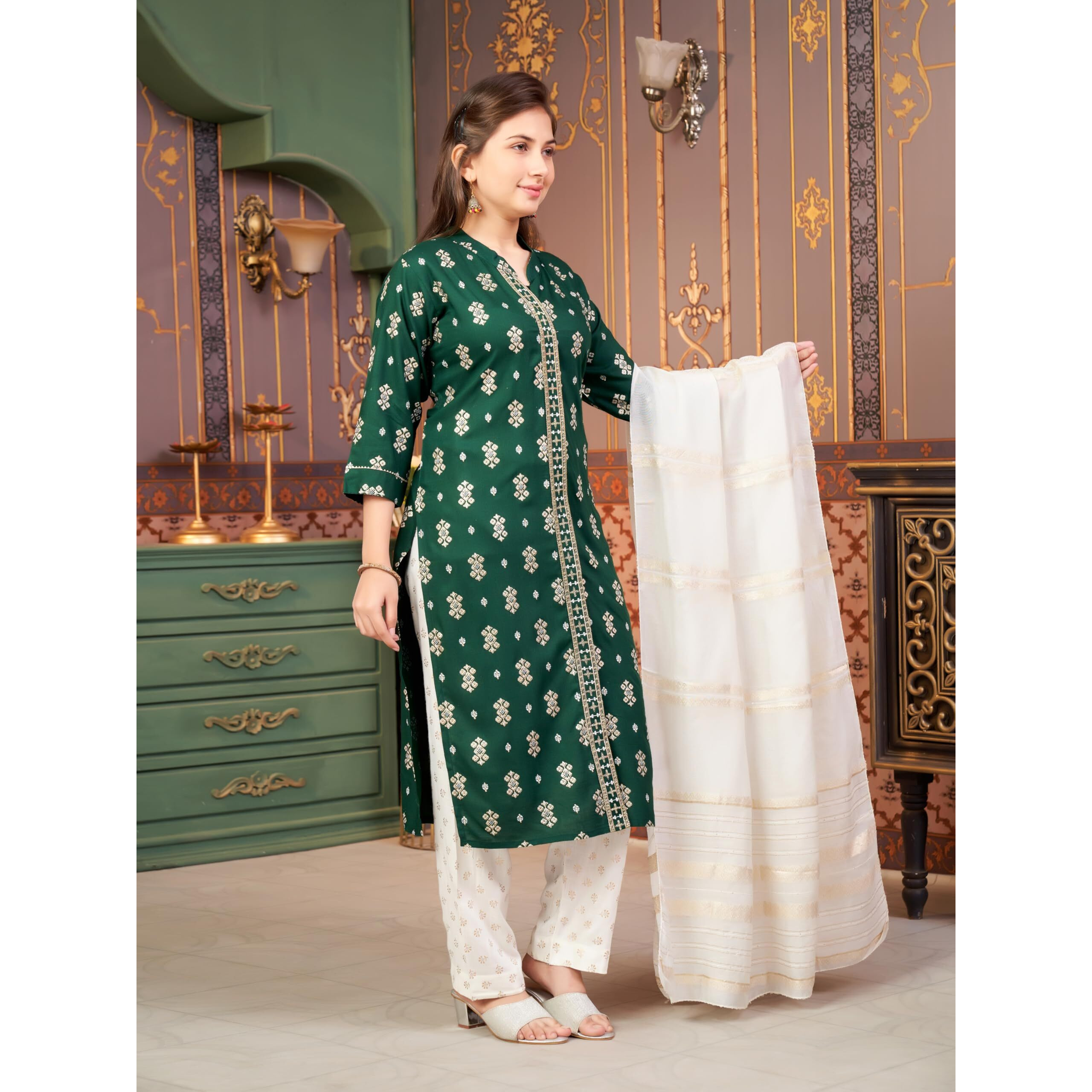 Aarika Girls Ethnic Wear Green-Off White Colour Foil Print Rayon Kurti Pant Set-8-15 Years (Kp-Sd-2944)