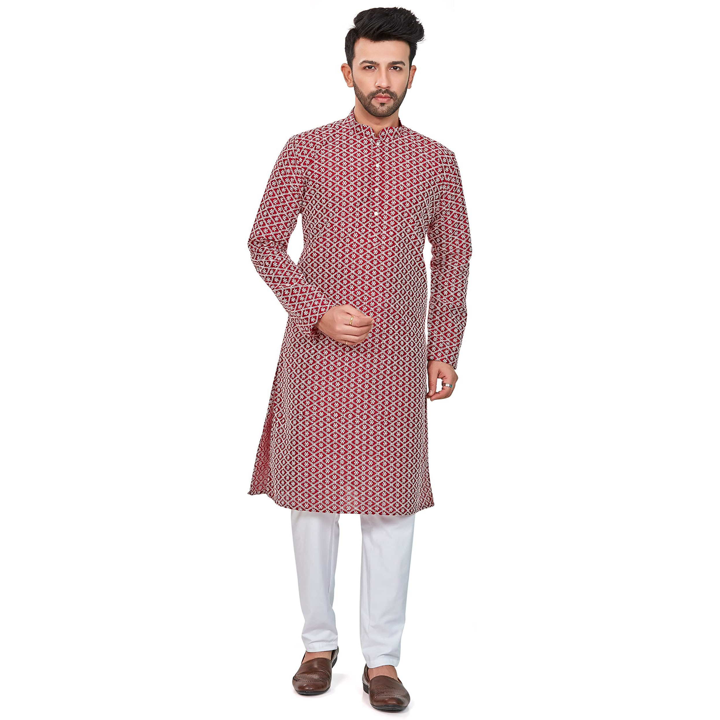 Be Active Cotton Men's Embroidered Lucknowi Red Kurta Set || Men Kurta Pajama || Men Kurta Pajama Set || Kurta Pajama For Men (Rfsk0013 10 Set M)