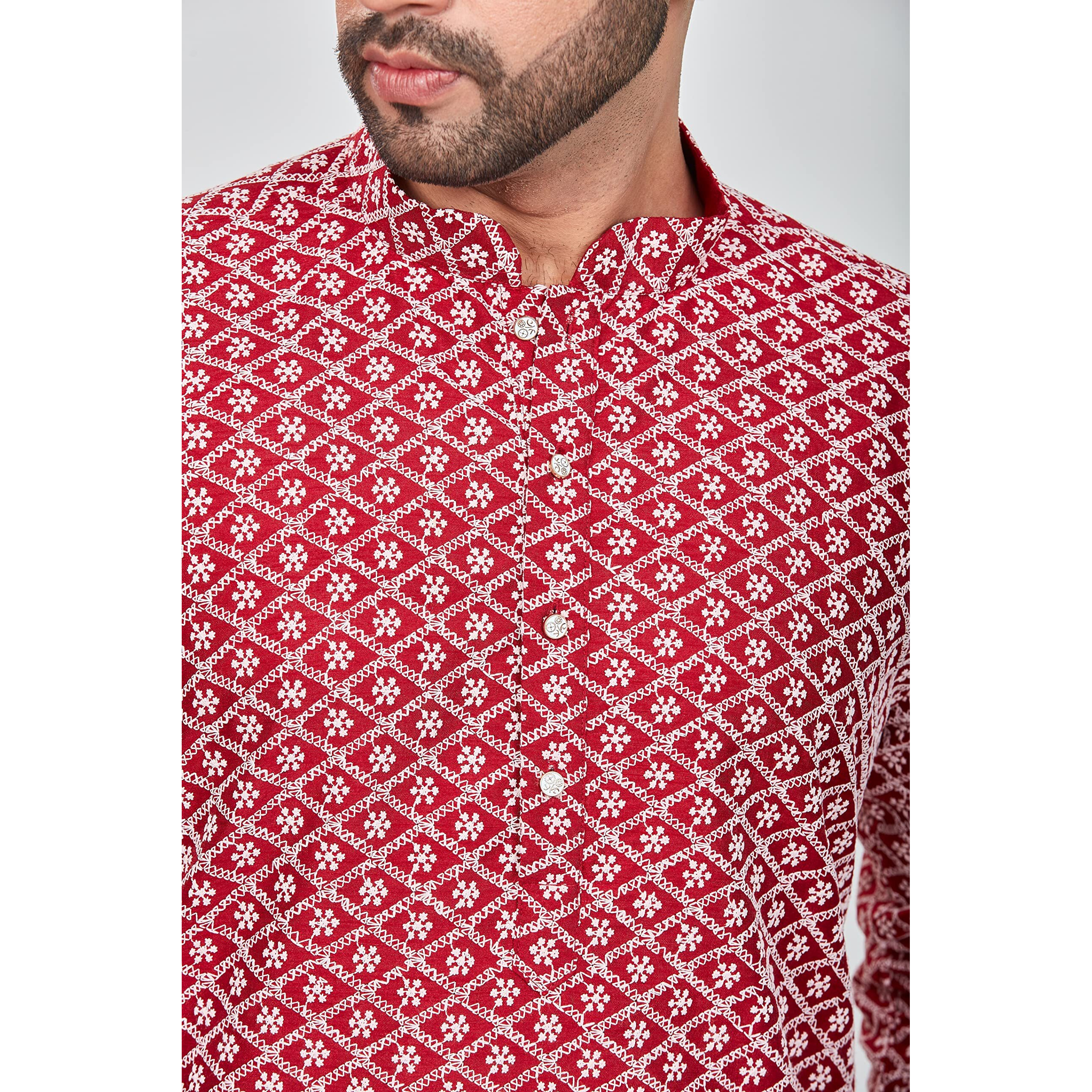 Be Active Cotton Men's Embroidered Lucknowi Red Kurta Set || Men Kurta Pajama || Men Kurta Pajama Set || Kurta Pajama For Men (Rfsk0013 10 Set M)