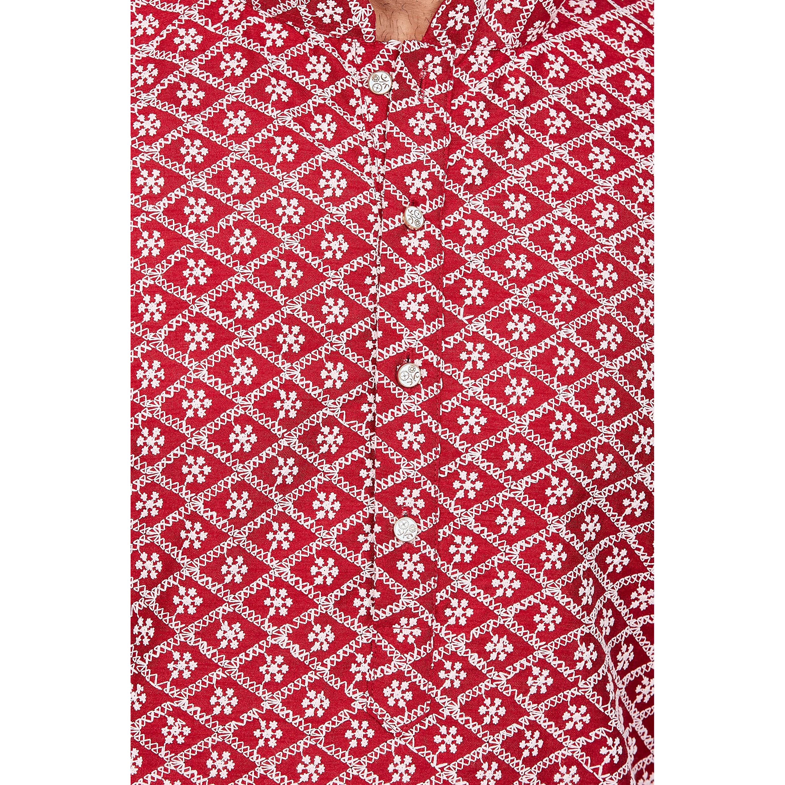 Be Active Cotton Men's Embroidered Lucknowi Red Kurta Set || Men Kurta Pajama || Men Kurta Pajama Set || Kurta Pajama For Men (Rfsk0013 10 Set M)