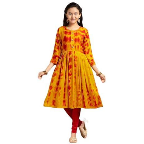 Aarika Girls Casual Wear Yellow Colour Tie Dye Print Rayon Kurti (9-16 Years)