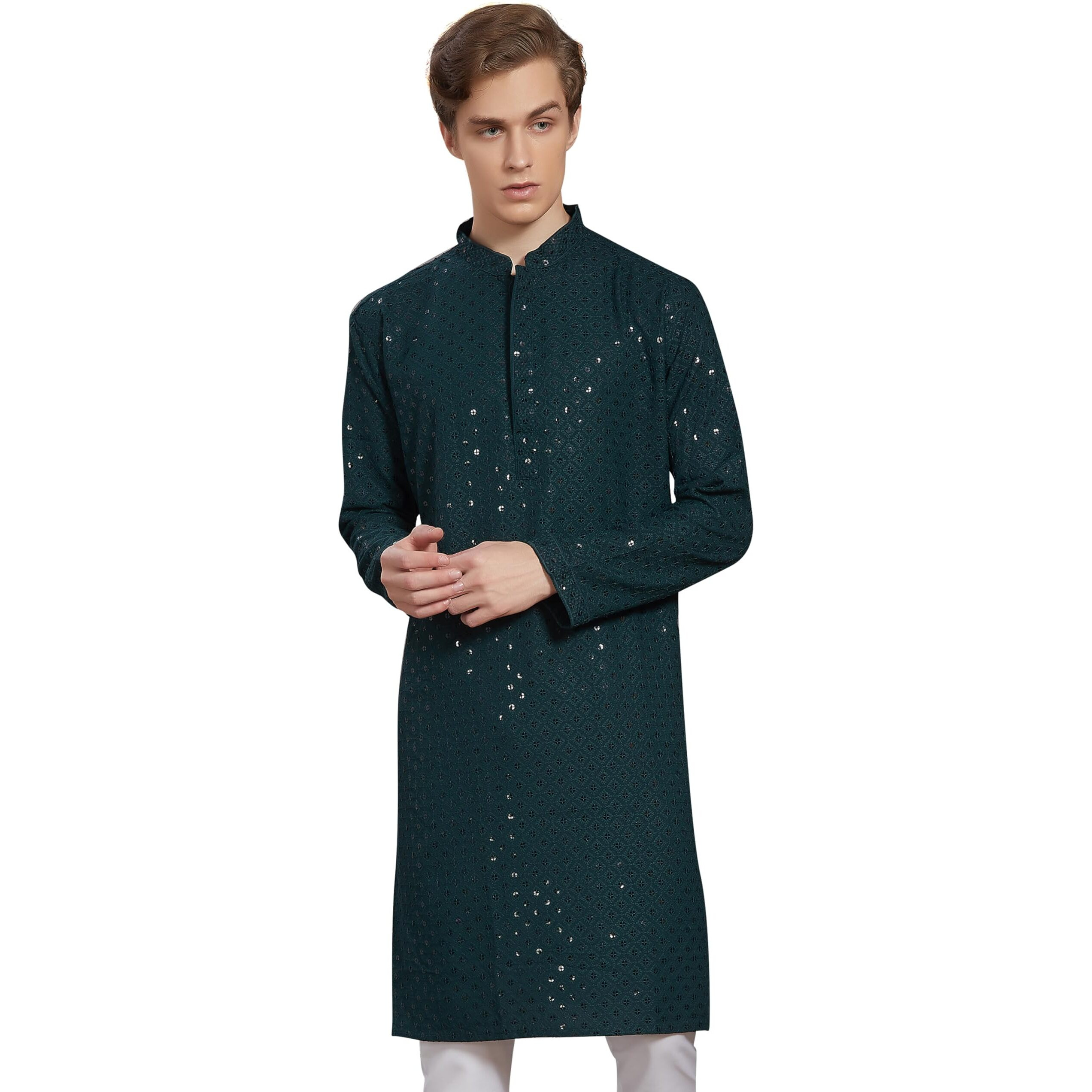Divisive Men's Sequince Embroidered Cotton Blend Only Slim Fit Kurta (Dkrt235_L_Green)