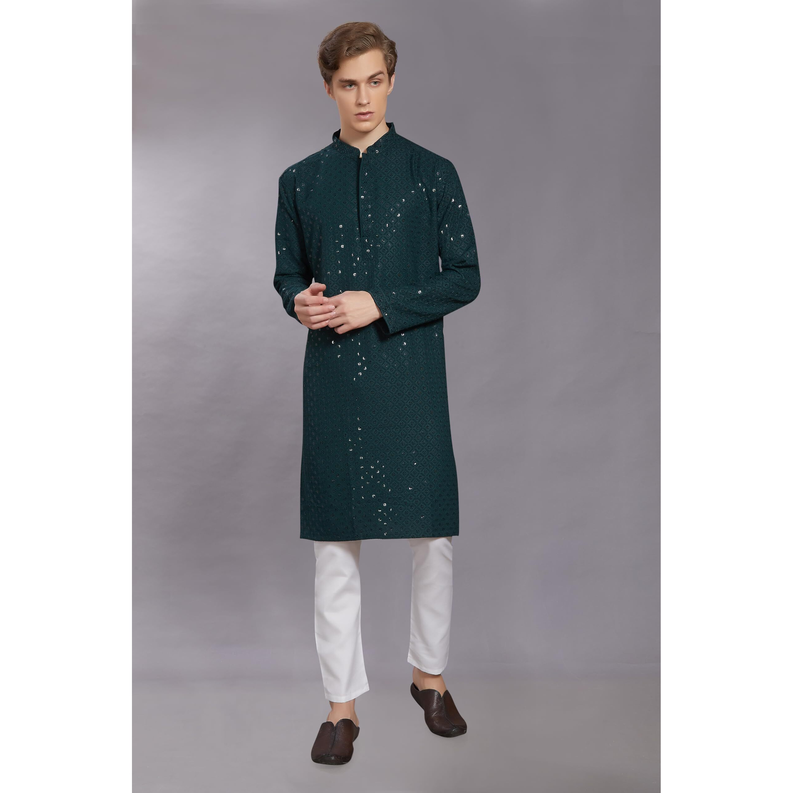 Divisive Men's Sequince Embroidered Cotton Blend Only Slim Fit Kurta (Dkrt235_L_Green)