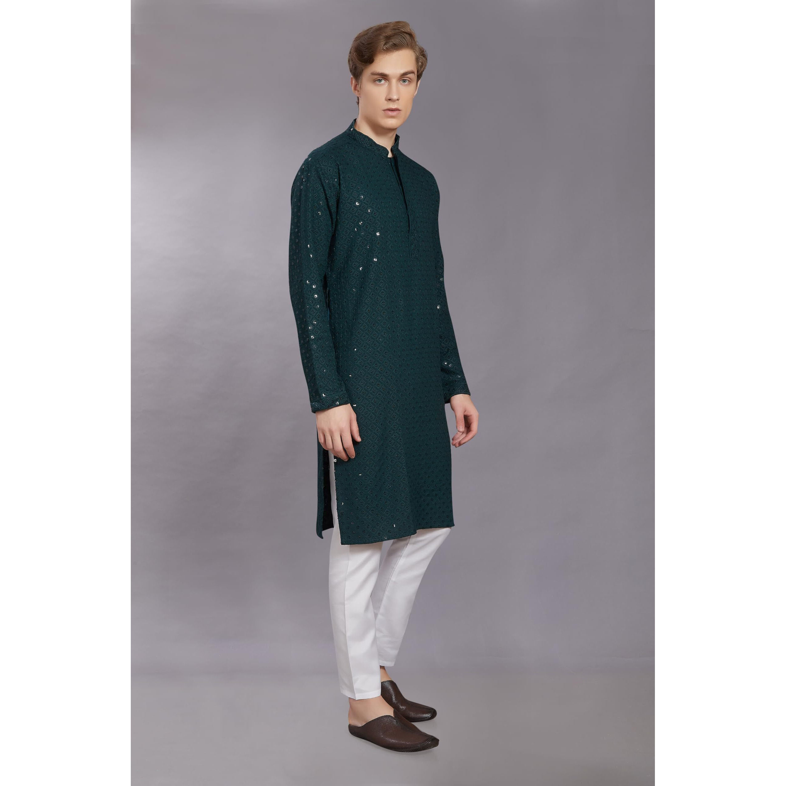 Divisive Men's Sequince Embroidered Cotton Blend Only Slim Fit Kurta (Dkrt235_L_Green)