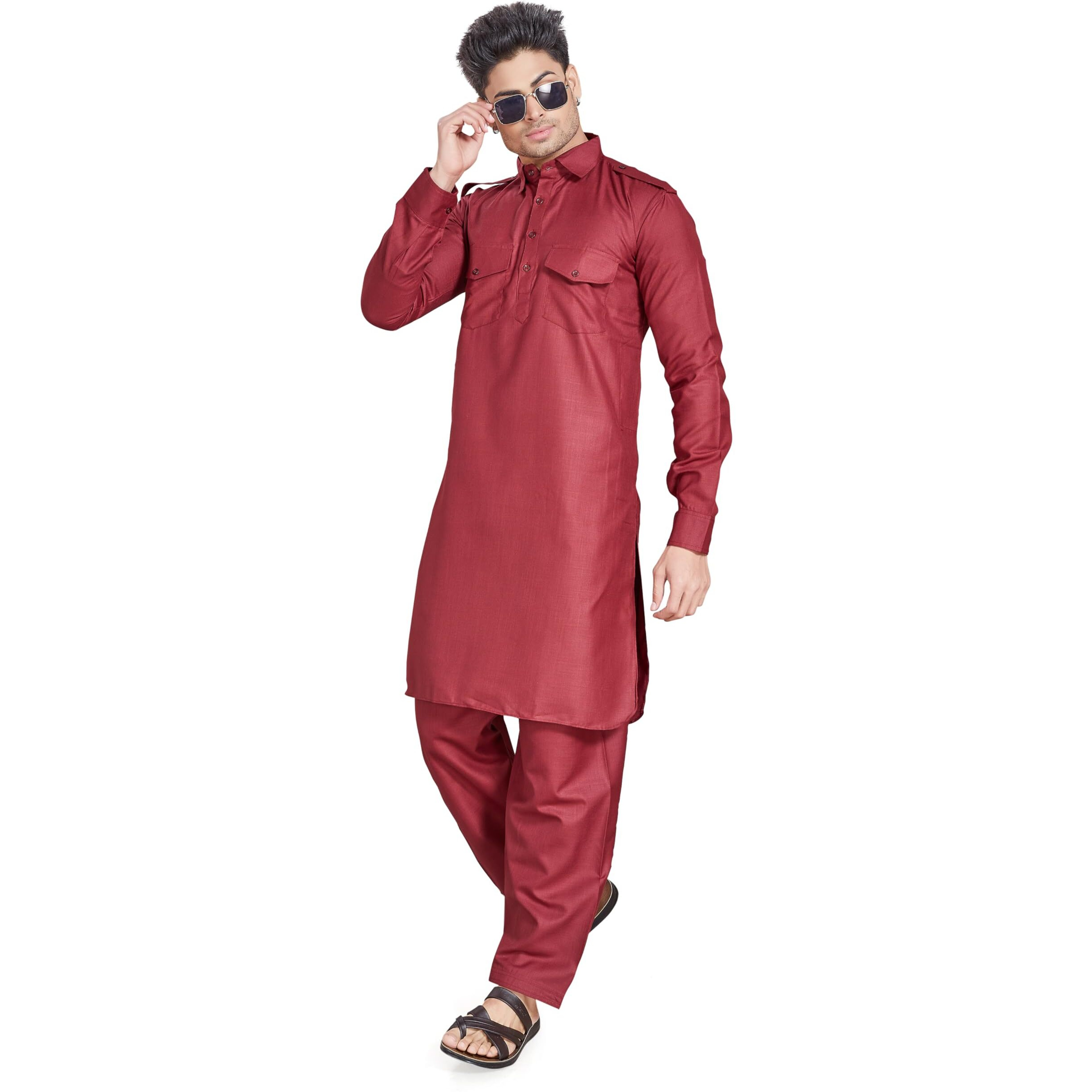 Divisive Men's Cotton Blend Pathani Kurta Pyjama Set (Dkrt454_L_Maroon)
