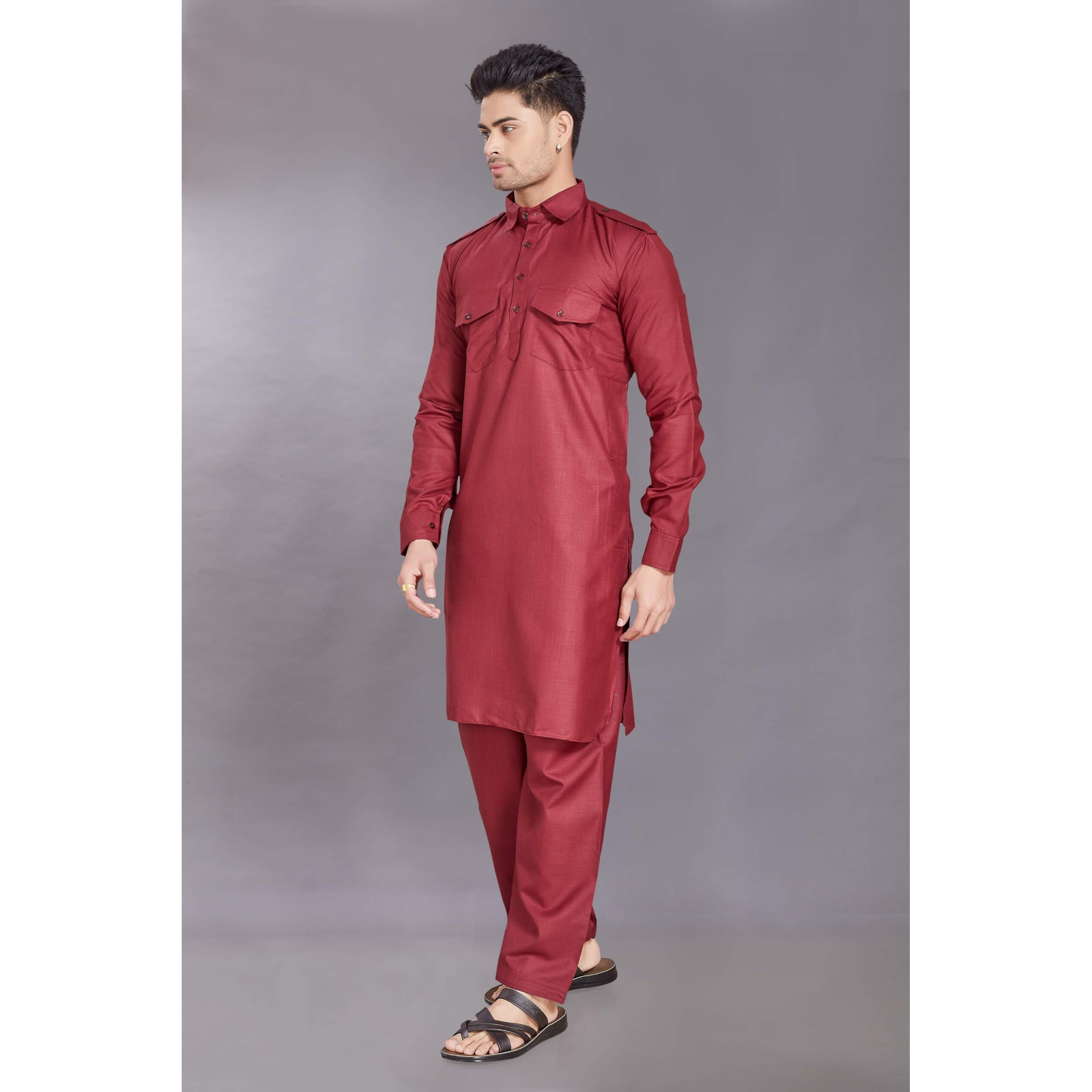 Divisive Men's Cotton Blend Pathani Kurta Pyjama Set (Dkrt454_L_Maroon)
