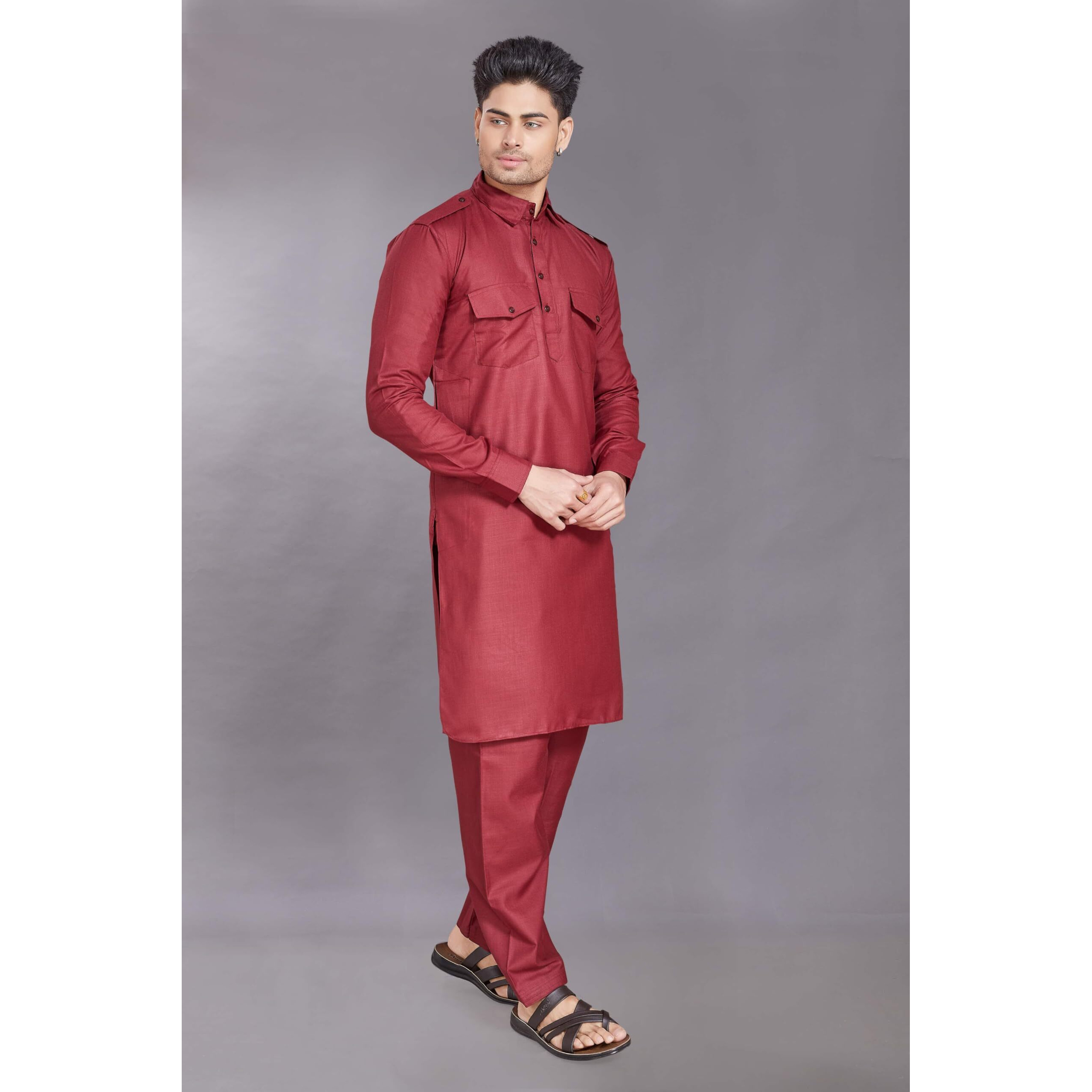 Divisive Men's Cotton Blend Pathani Kurta Pyjama Set (Dkrt454_L_Maroon)