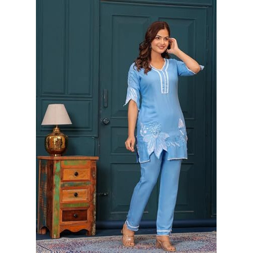 Fabnex Rayon Blend Reguler Women Kurta Set (K-117-Blue-M_Blue