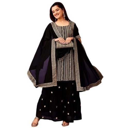 Fashion Basket Georgette Plazzo Kurta With Duptta Set For Women Black