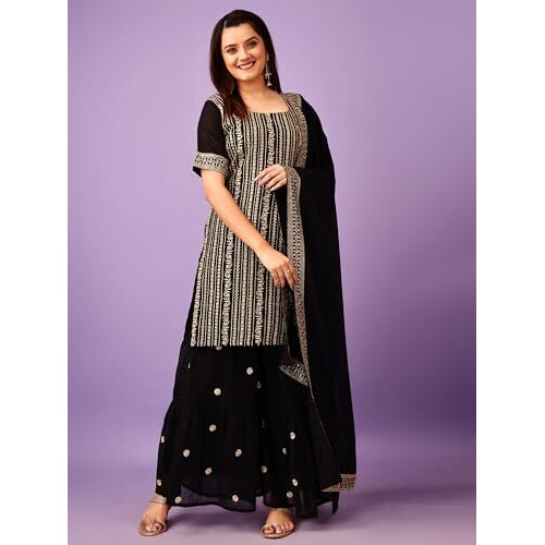 Fashion Basket Georgette Plazzo Kurta With Duptta Set For Women Black