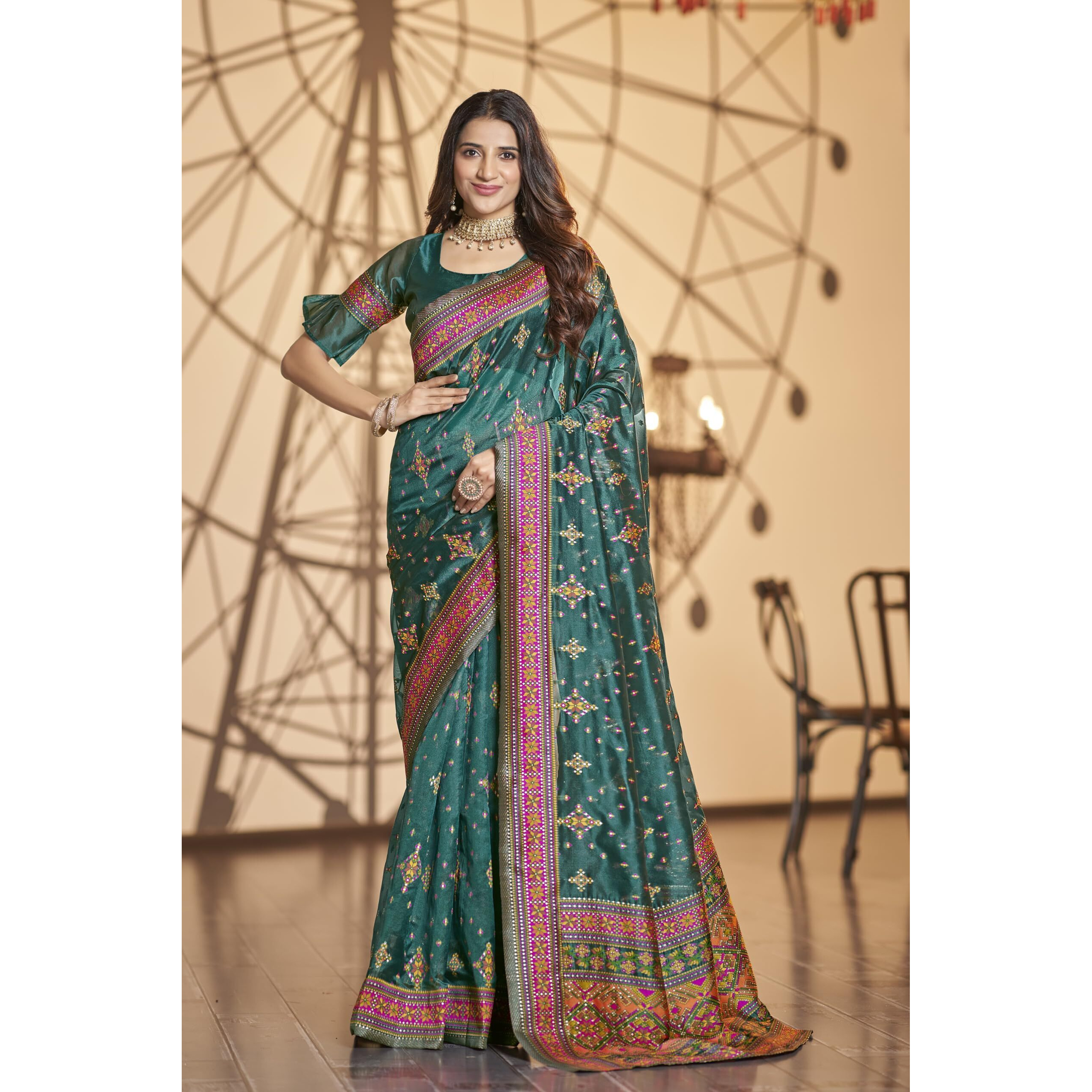 Glory Sarees Women's Kashmiri Pashmina Organza Silk Woven Saree With Blouse Piece (Heritage_Silk109_Rama)