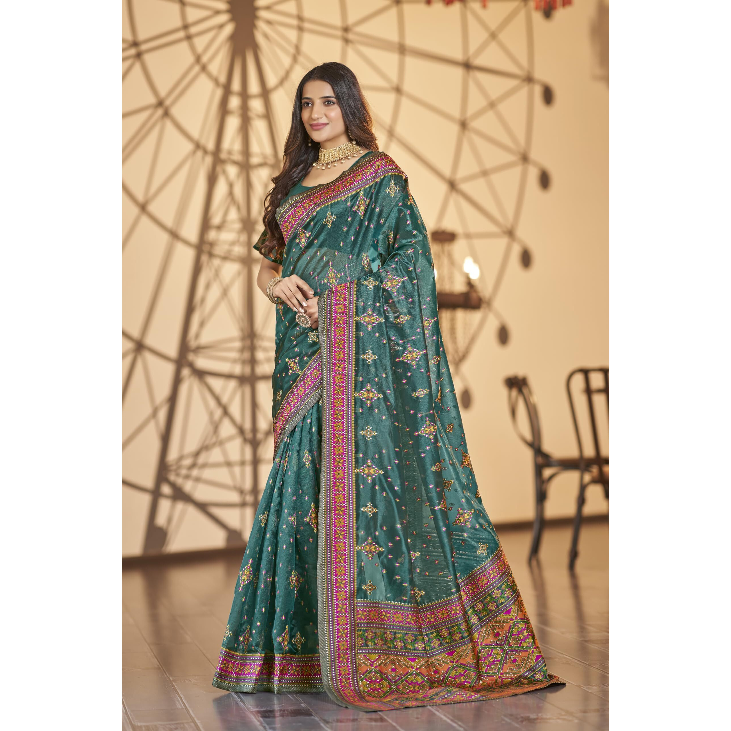 Glory Sarees Women's Kashmiri Pashmina Organza Silk Woven Saree With Blouse Piece (Heritage_Silk109_Rama)