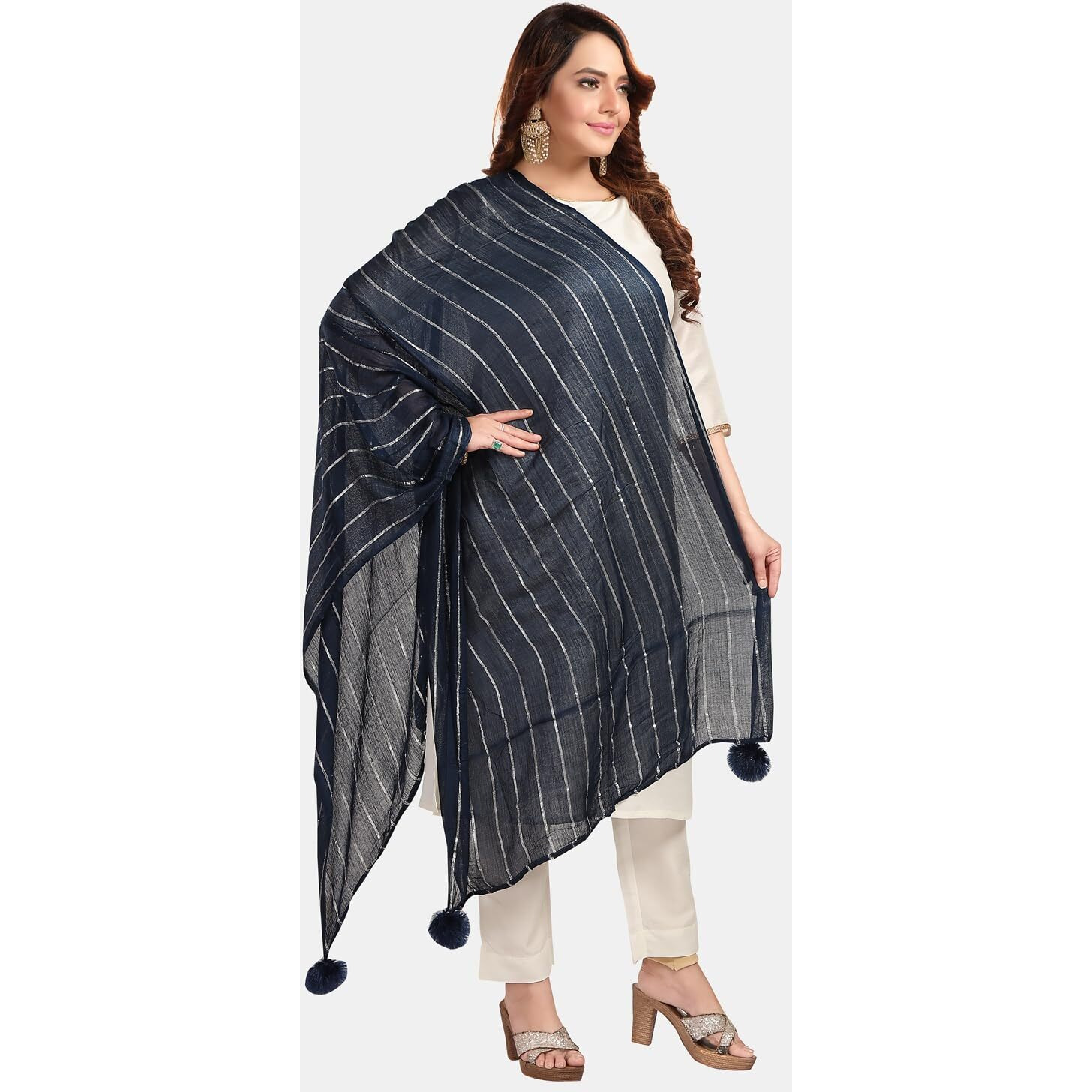 Fabme Womens Shimmer Embellished Soft Cotton Dupatta - Navy Blue, Free Size