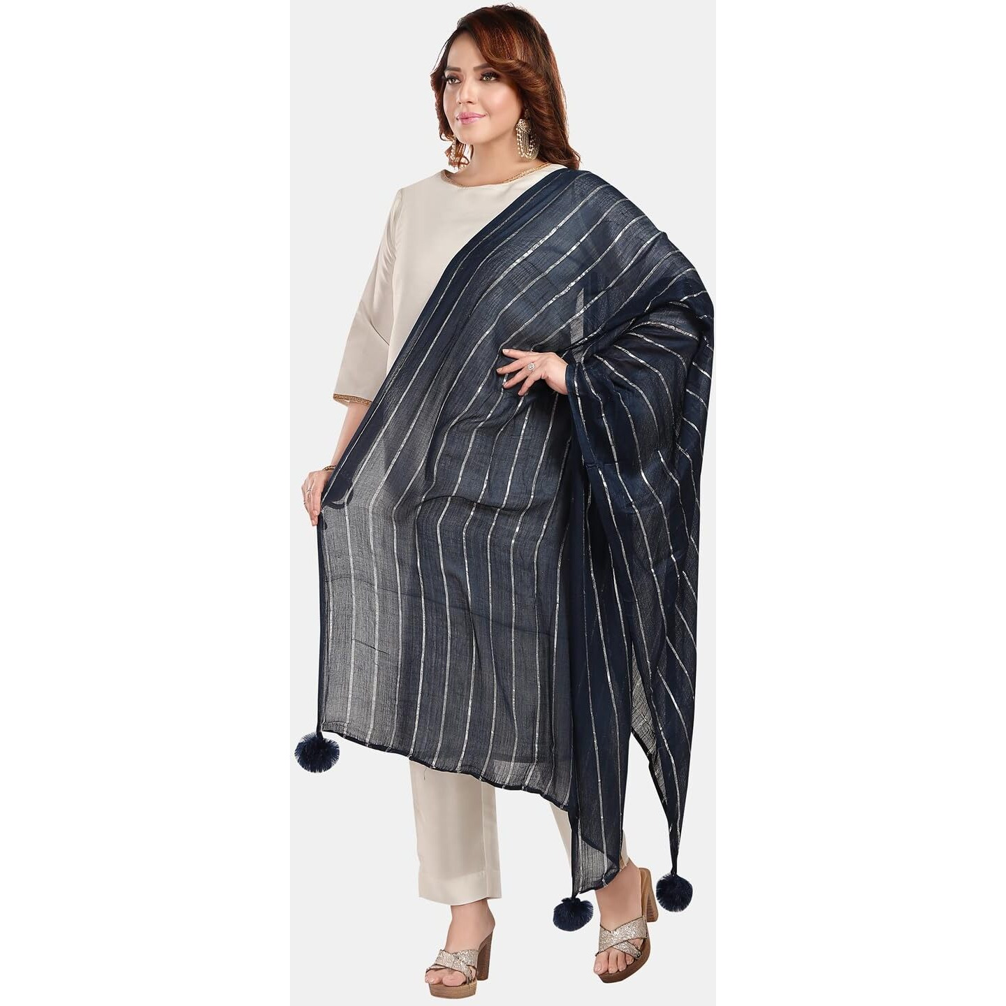 Fabme Womens Shimmer Embellished Soft Cotton Dupatta - Navy Blue, Free Size