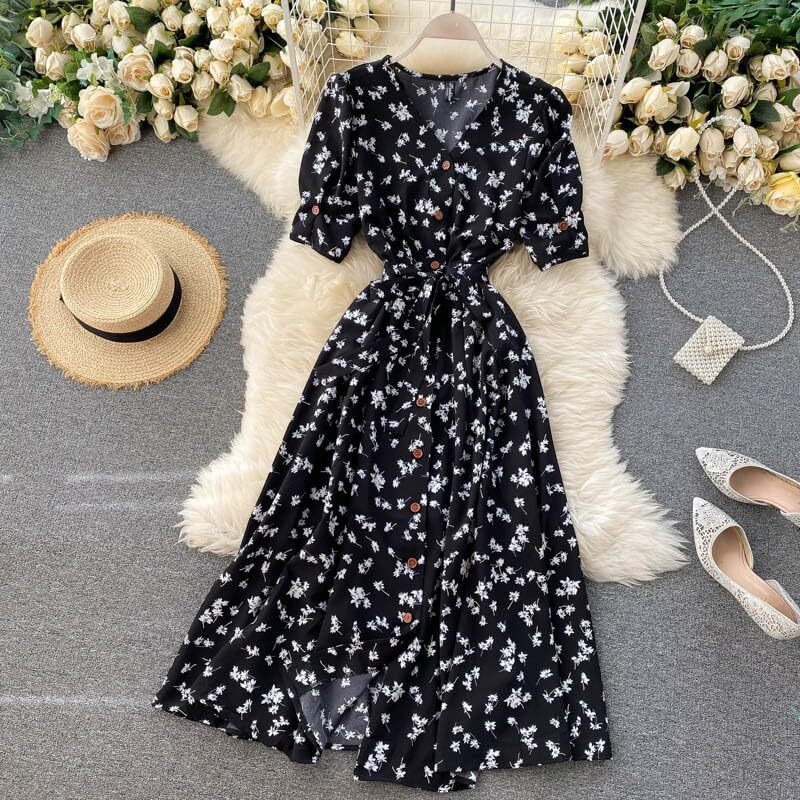 Gufrina Dresses For Women Half Sleeve || Floral Print || V-Neck And Puff Sleeves || Front Open Button & Tie-Up || Midi Dress (Black Xl)