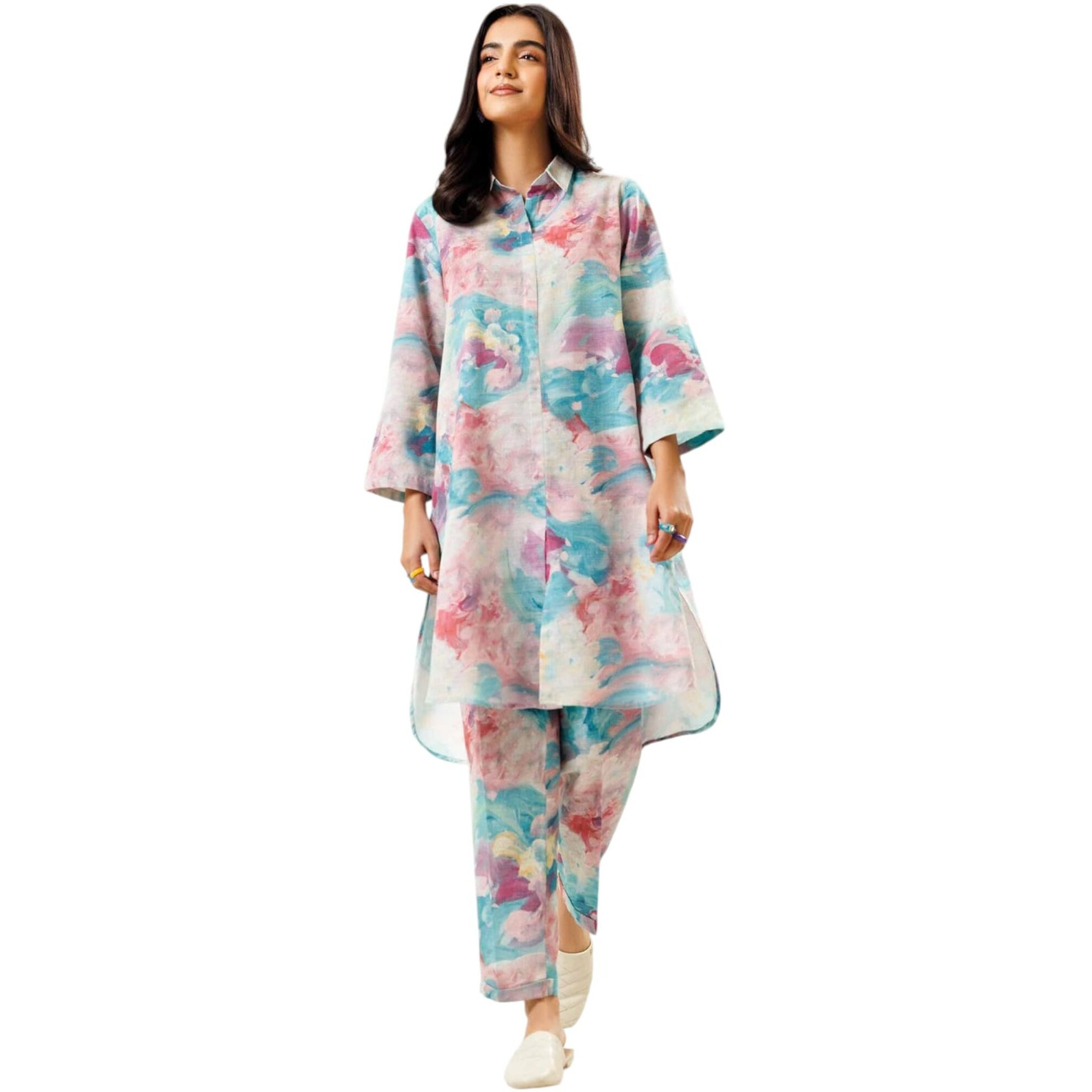 Gufrina Women's Pastel Abstract Printed Long Kurta Set With Matching Straight Pants  Full Sleeve Rayon Casual Wear (Sky Blue M)