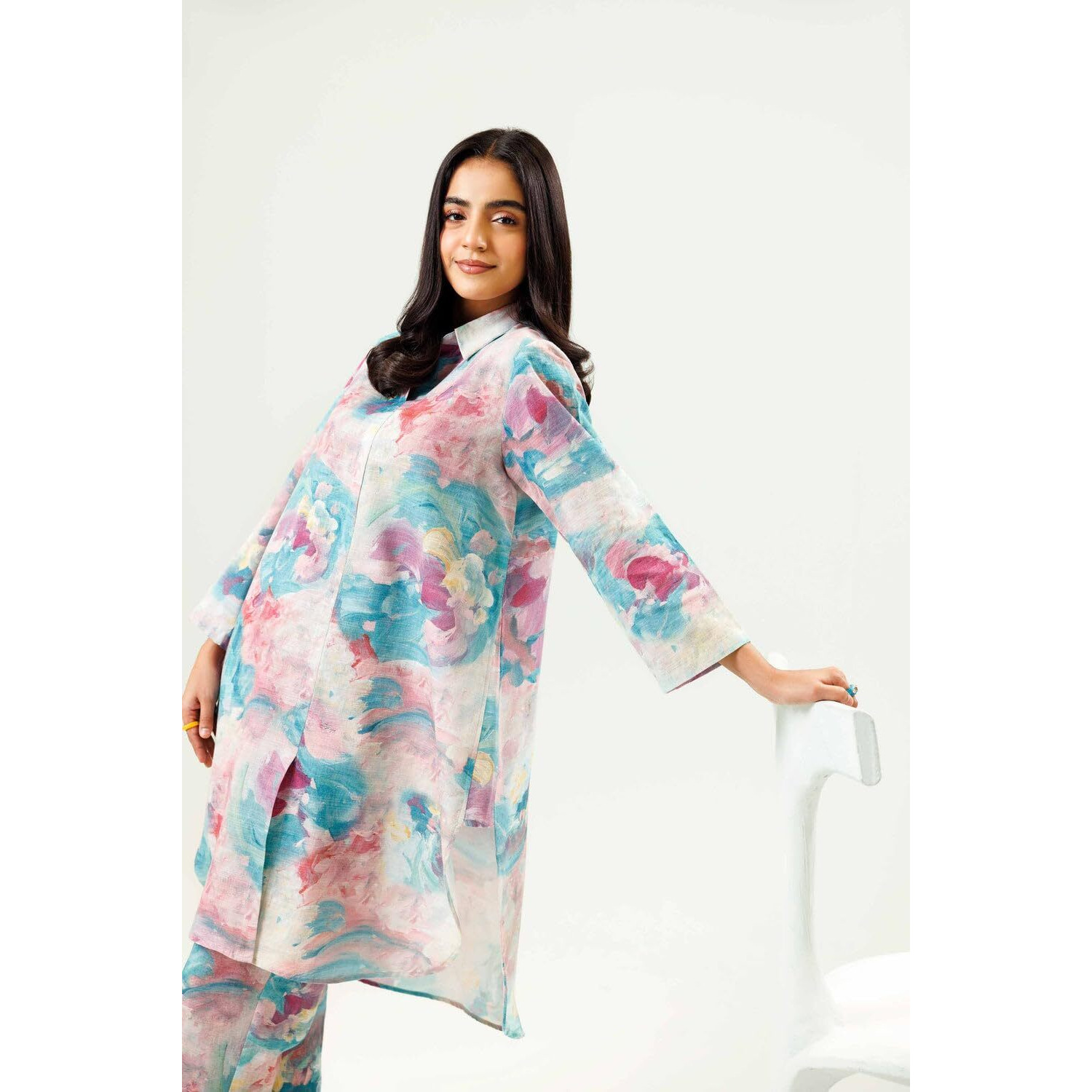 Gufrina Women's Pastel Abstract Printed Long Kurta Set With Matching Straight Pants  Full Sleeve Rayon Casual Wear (Sky Blue M)