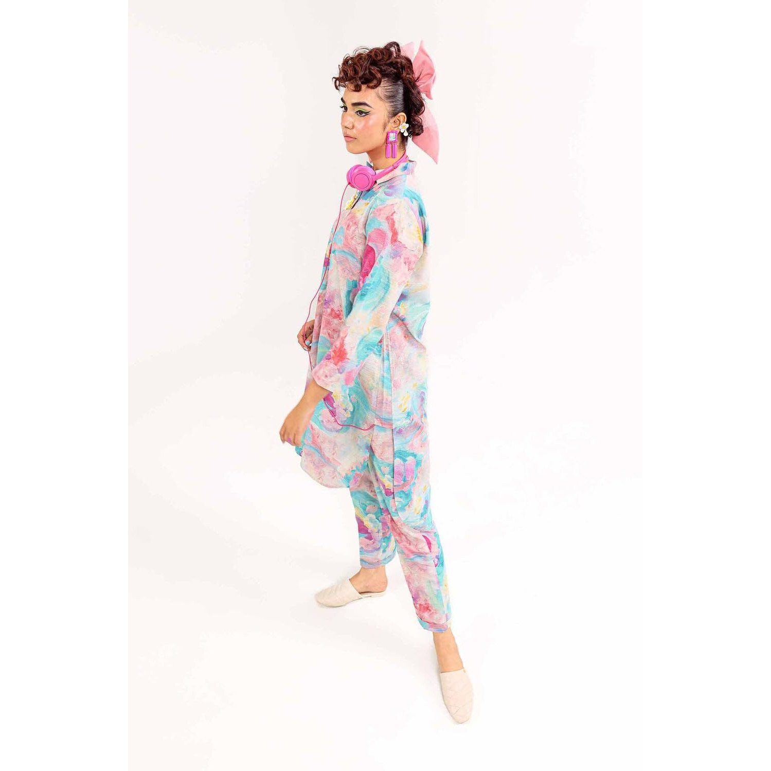 Gufrina Women's Pastel Abstract Printed Long Kurta Set With Matching Straight Pants  Full Sleeve Rayon Casual Wear (Sky Blue M)