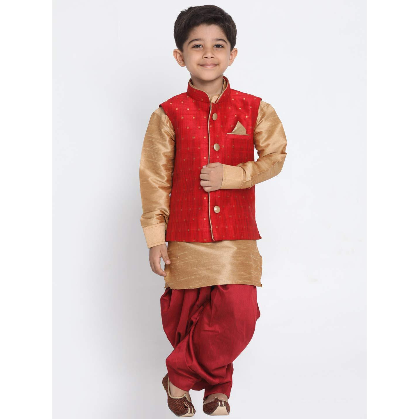 Vastramay Banarasi Brocade Woven Jacquard Nehru/Modi Jacket With Silk Pathani Kurta & Dhoti Pant Set  Traditional Ethnic Wear For Boys