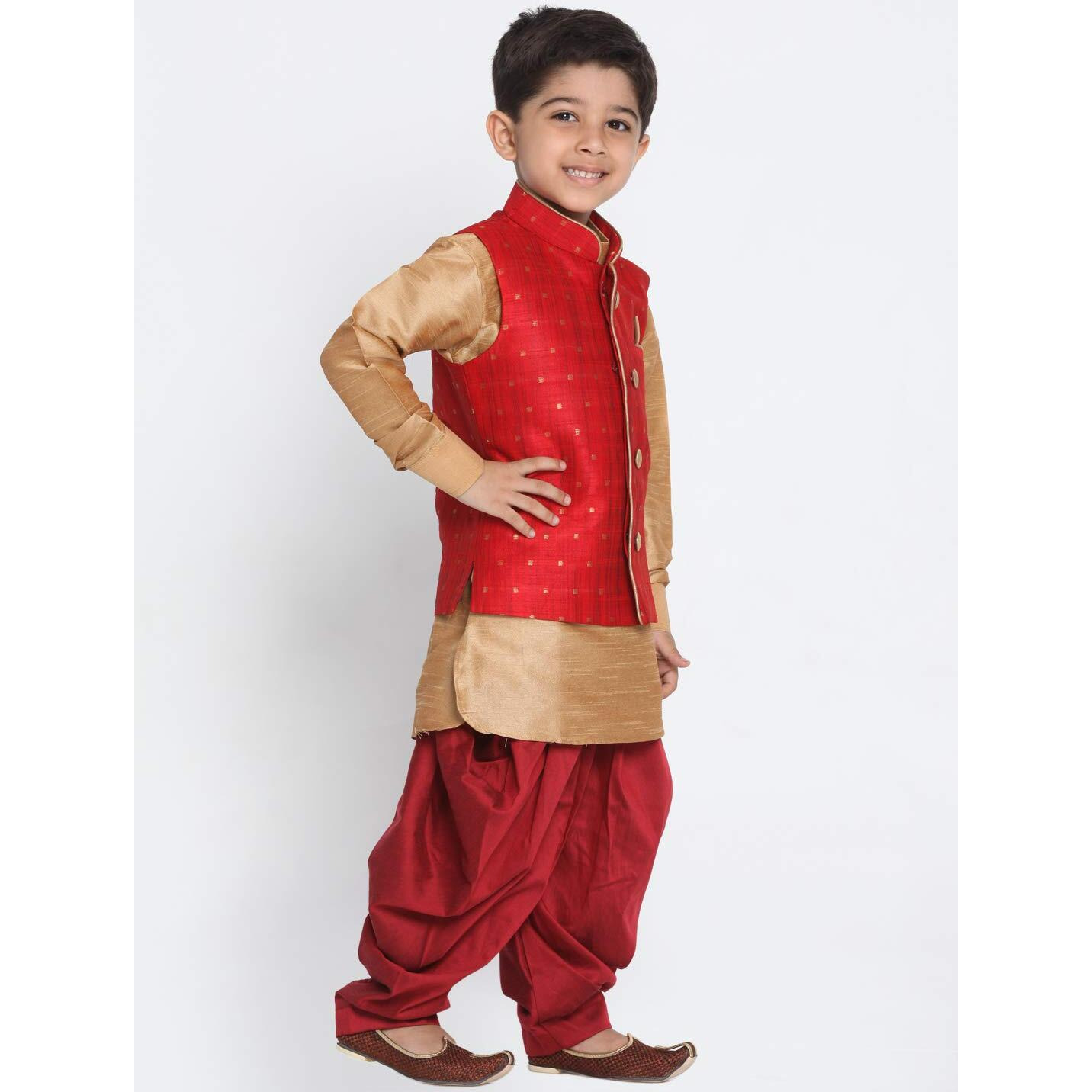 Vastramay Banarasi Brocade Woven Jacquard Nehru/Modi Jacket With Silk Pathani Kurta & Dhoti Pant Set  Traditional Ethnic Wear For Boys