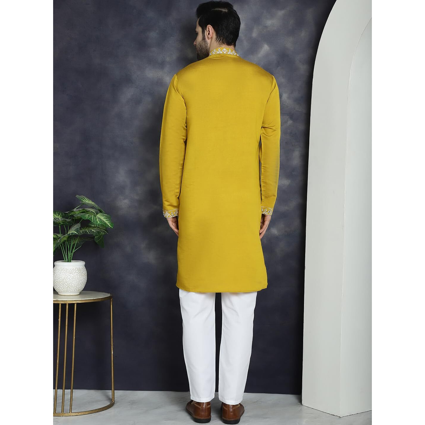 Jompers Men's Mustard Embroidered Kurta With Pyjama. (Mustard, L)