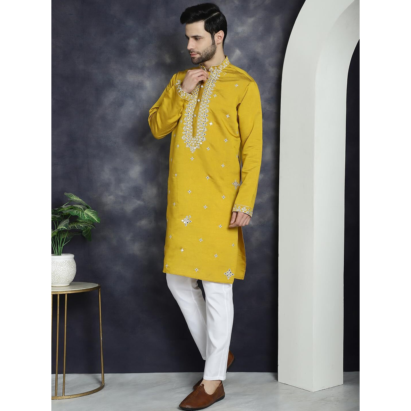 Jompers Men's Mustard Embroidered Kurta With Pyjama. (Mustard, L)