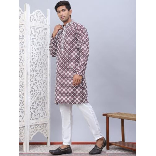 Jompers Purple Embroidered Kurta Pyjama For Men. (Purple, M)