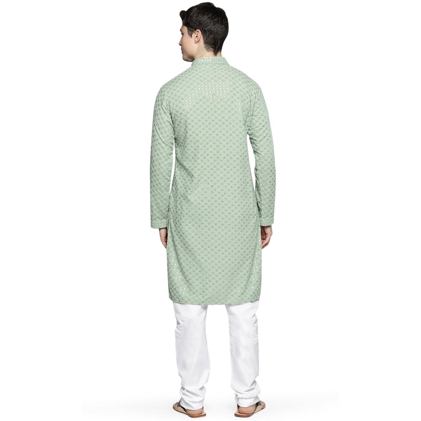 Jompers Men's Chikankari Embroidered And Sequence Kurta With Churidar (Pista, M)