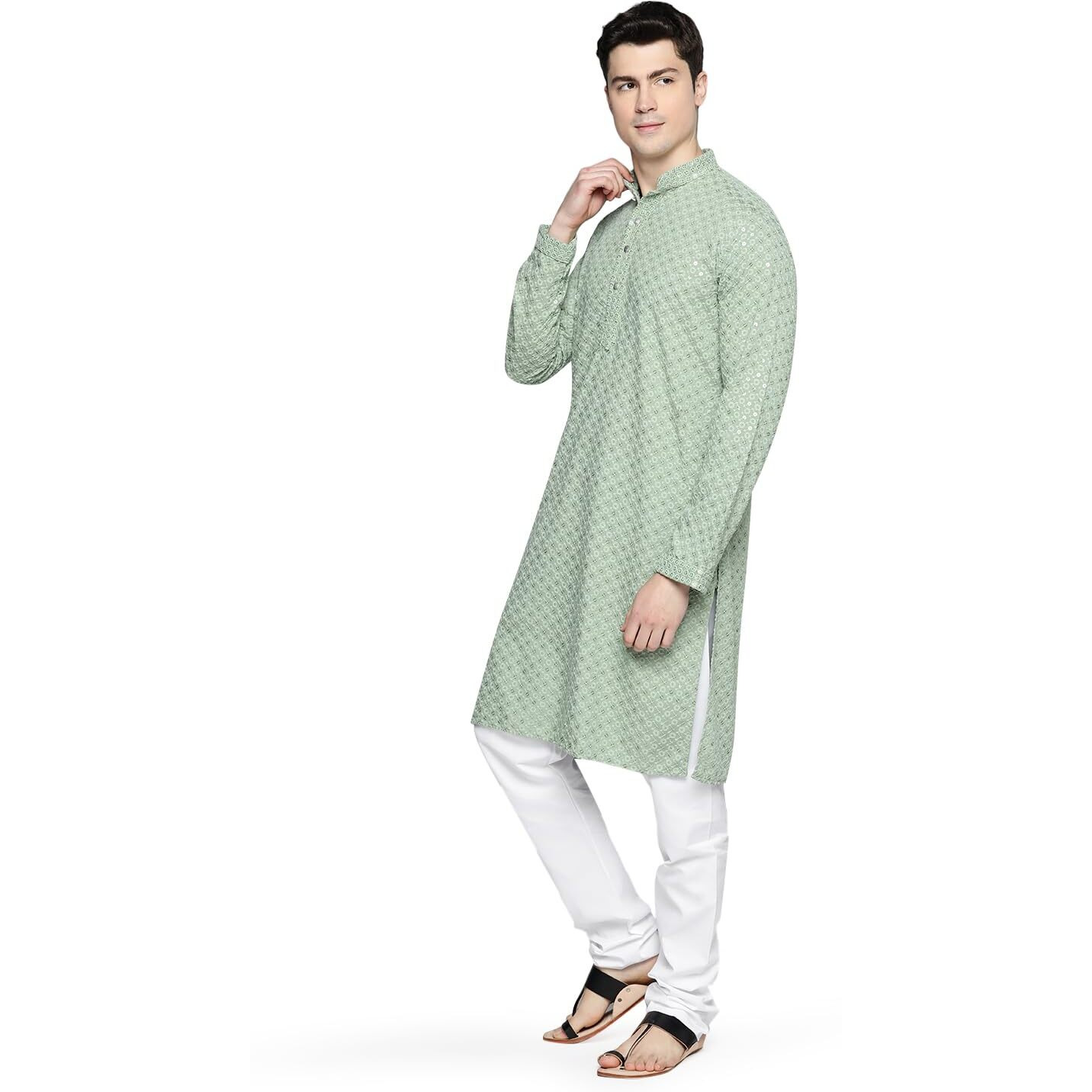 Jompers Men's Chikankari Embroidered And Sequence Kurta With Churidar (Pista, M)