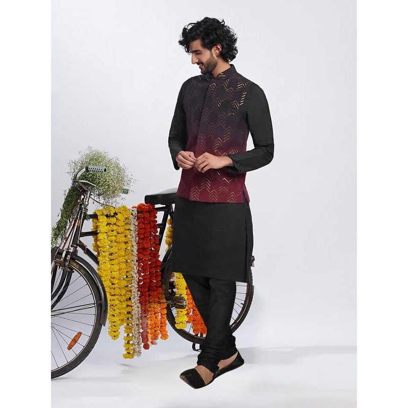 Kisah Men's Kurta Jacket Churidar Set, Black Pure Cotton, Embellished Long Sleeves Regular Fit Mandarin Collar (Xl)
