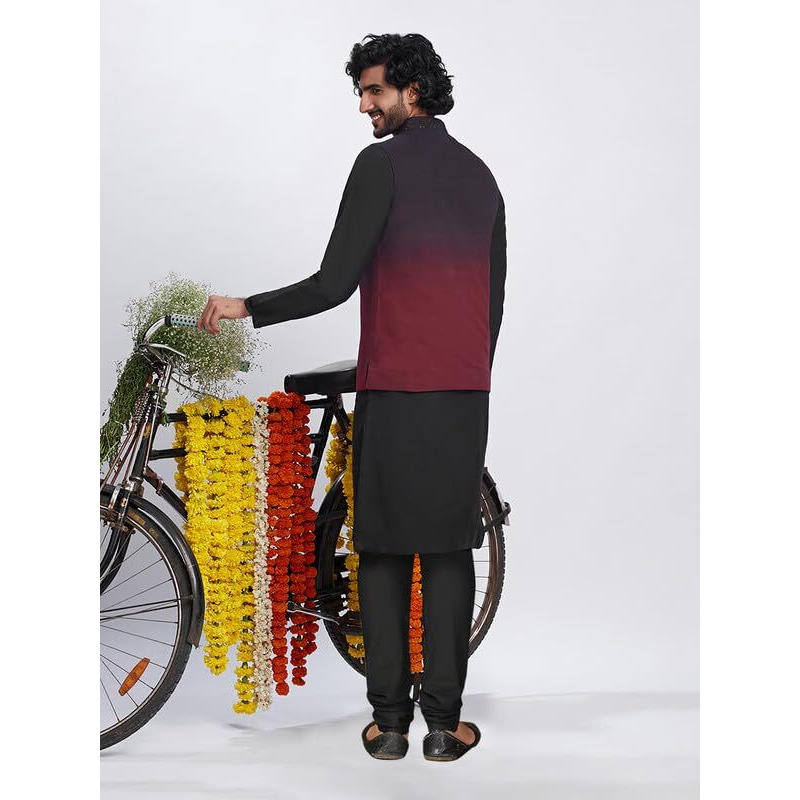 Kisah Men's Kurta Jacket Churidar Set, Black Pure Cotton, Embellished Long Sleeves Regular Fit Mandarin Collar (Xl)
