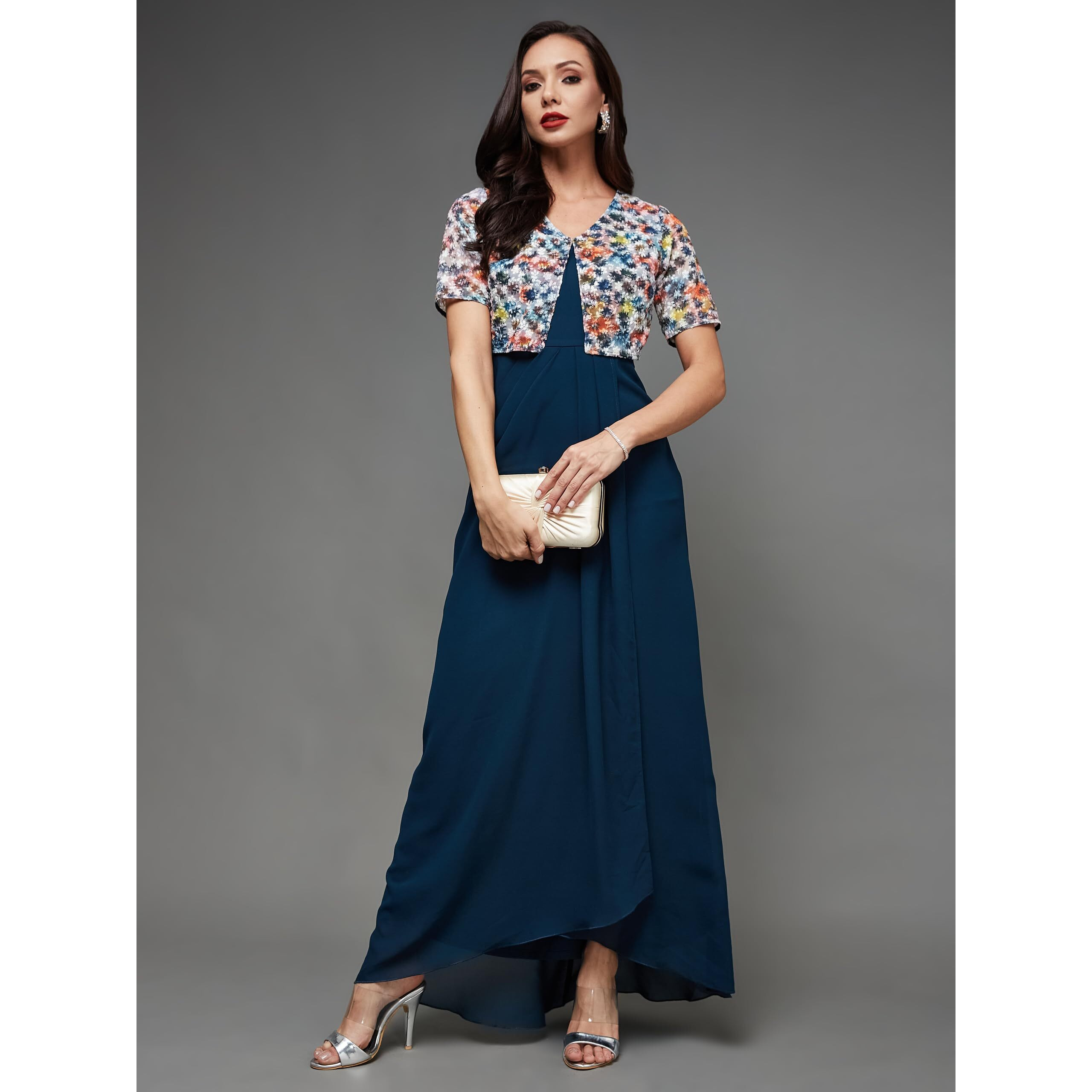 Miss Chase Women's V-Neck Half Sleeve Embroidered Layered Maxi Georgette Dress (Mcss23D98-63-306-03, Multicolored-Base-Teal, S)