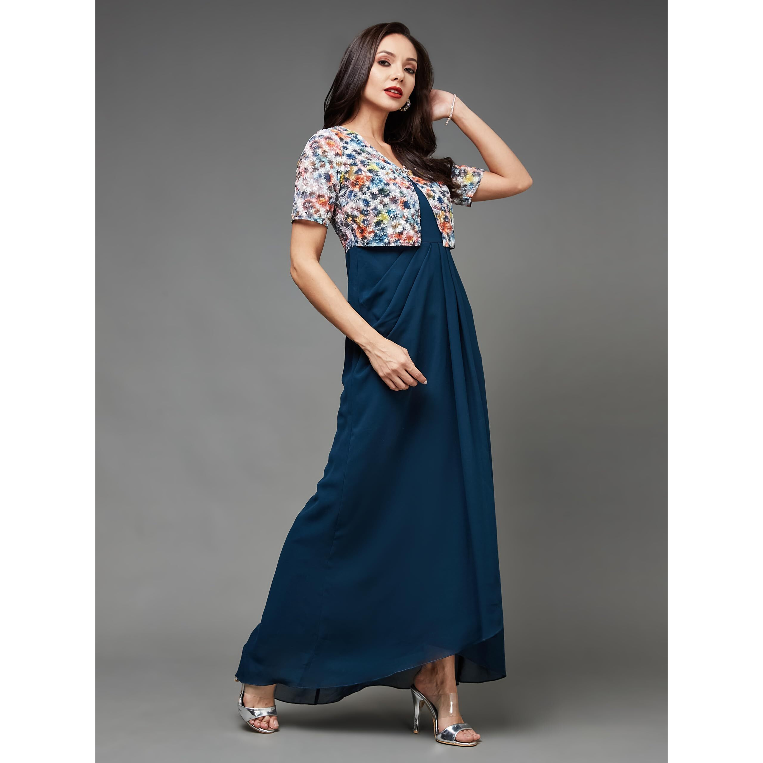 Miss Chase Women's V-Neck Half Sleeve Embroidered Layered Maxi Georgette Dress (Mcss23D98-63-306-03, Multicolored-Base-Teal, S)