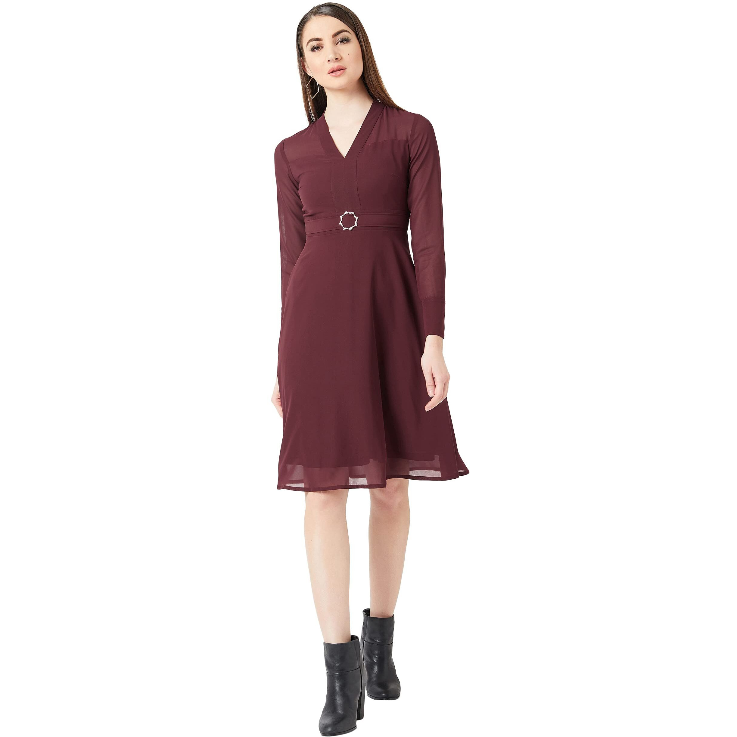 Miss Chase Women's Wine Red V-Neck Full Sleeve Solid Fit & Flare Midi Dress(Mcss20D14-39-184-04_Maroon_M)