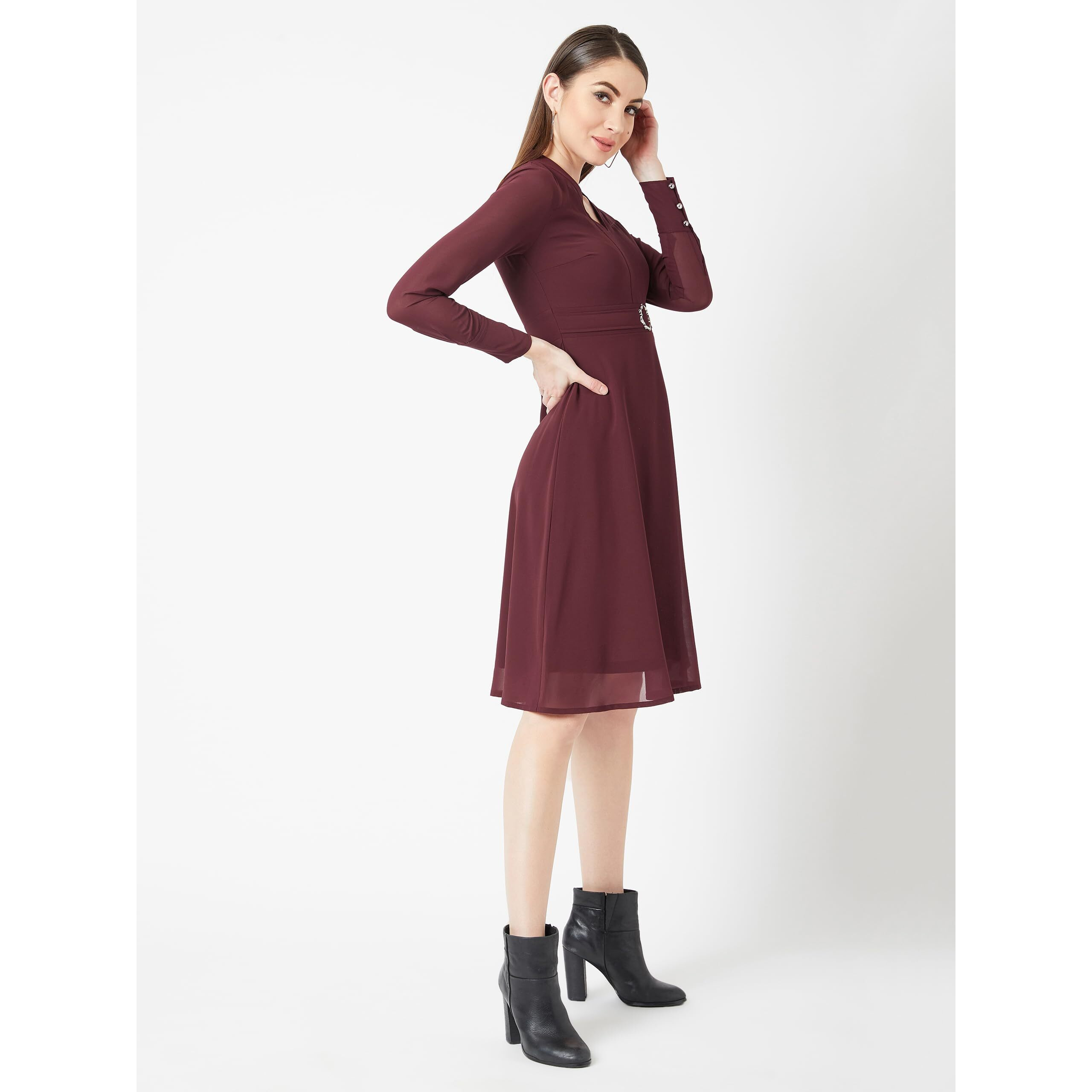 Miss Chase Women's Wine Red V-Neck Full Sleeve Solid Fit & Flare Midi Dress(Mcss20D14-39-184-04_Maroon_M)