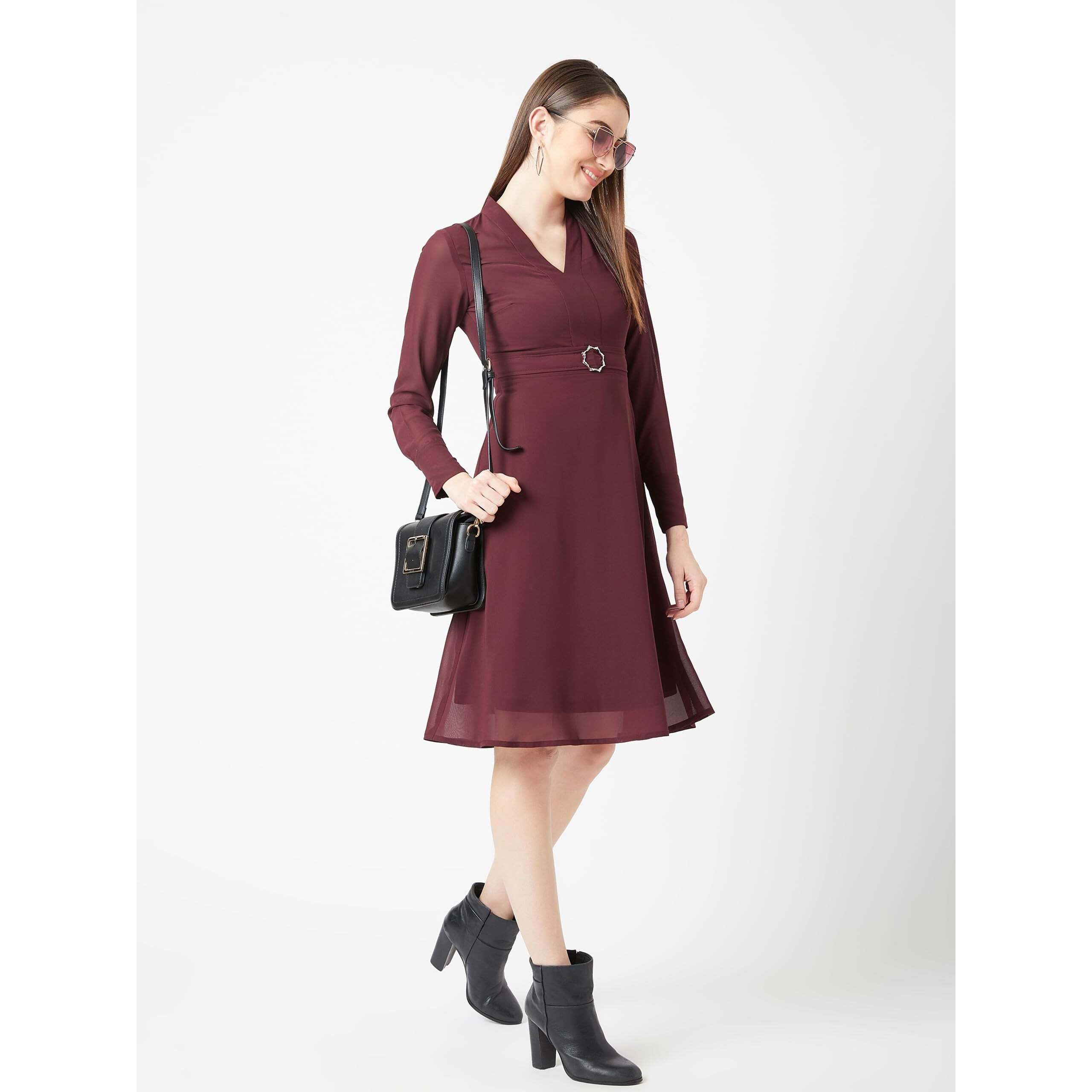 Miss Chase Women's Wine Red V-Neck Full Sleeve Solid Fit & Flare Midi Dress(Mcss20D14-39-184-04_Maroon_M)