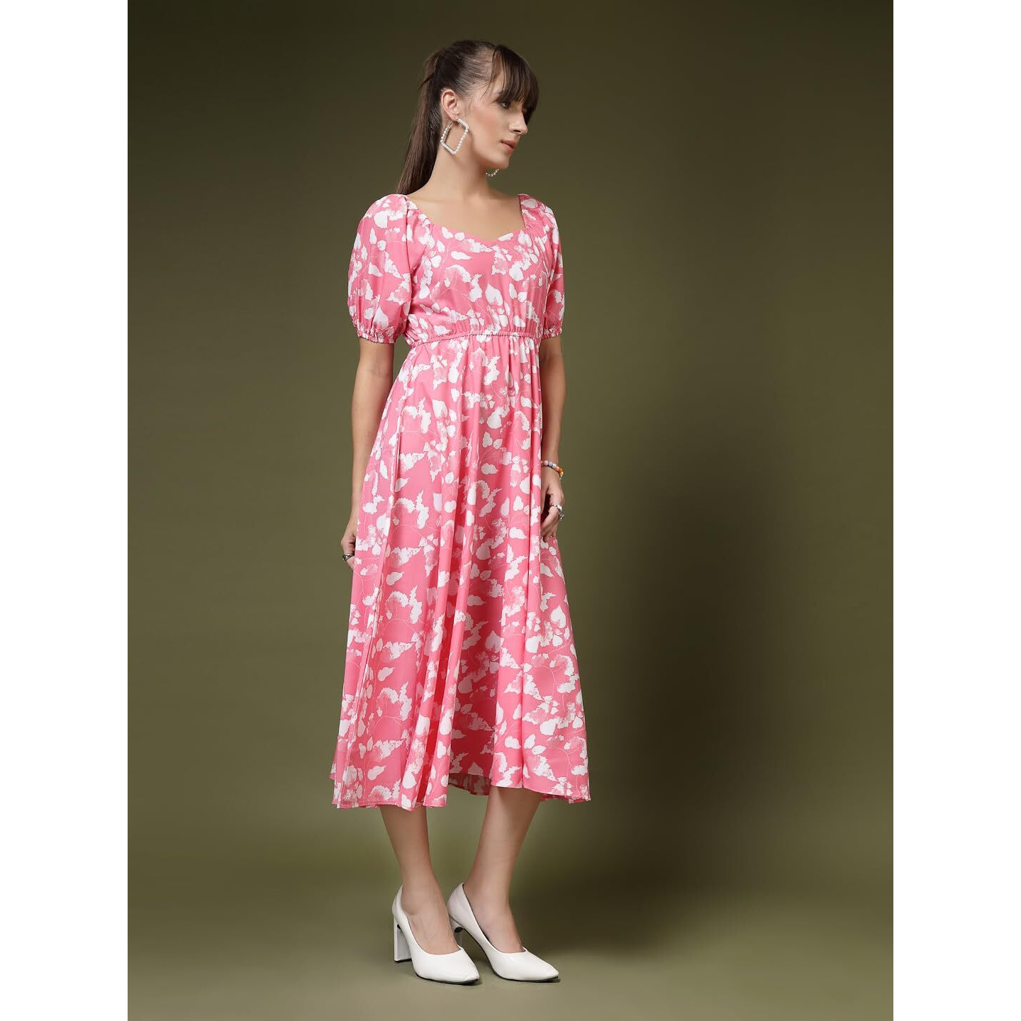 Oomph Women's Western & Fusion Wear Printed Crepe Dress For Women, Puffed Sleeve, Pink - Md994