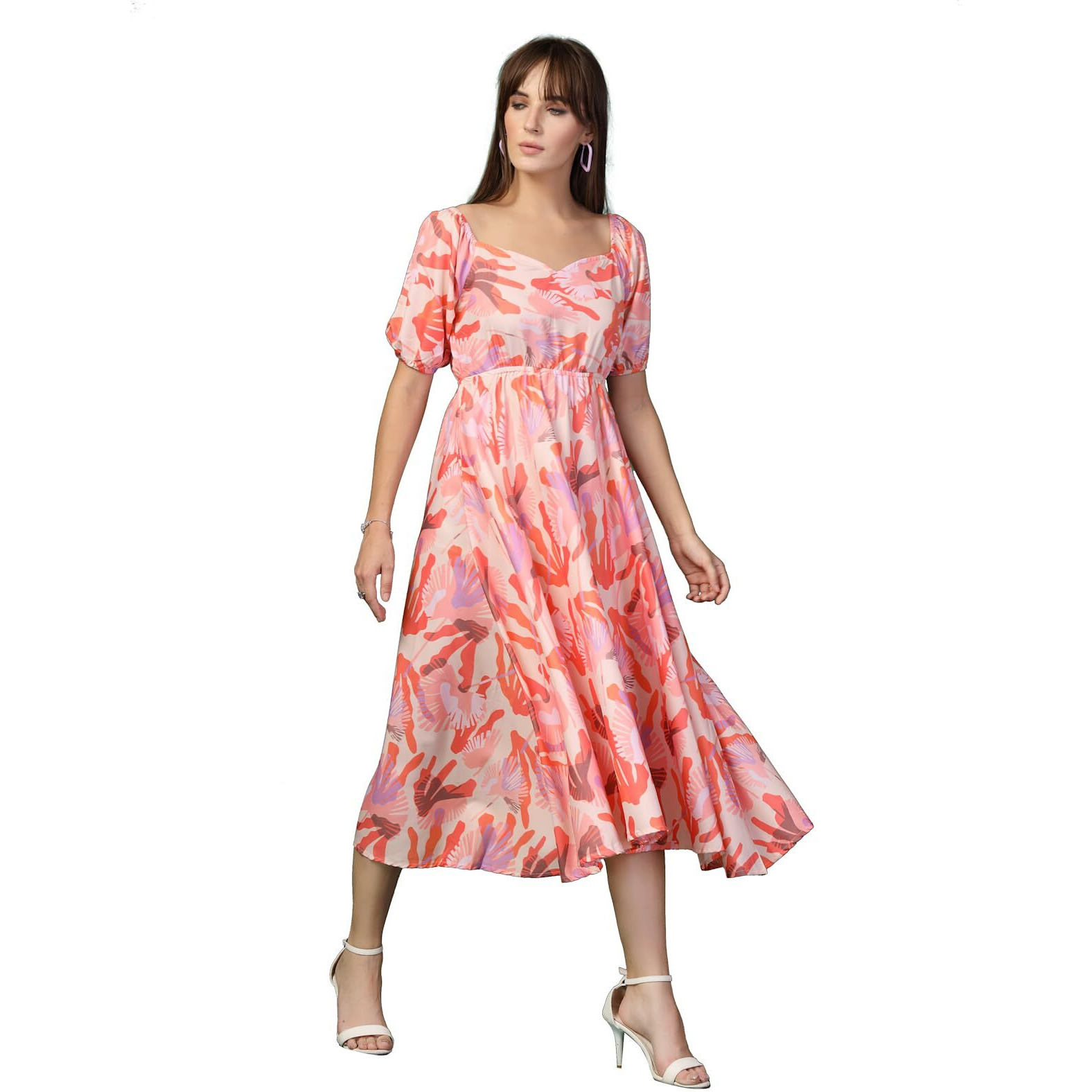 Oomph Flared Dress For Women Stylish | Long One Piece For Women | Puff Sleeve Long Dress | Floral Print Maxi One Piece | Western & Fusion Wear