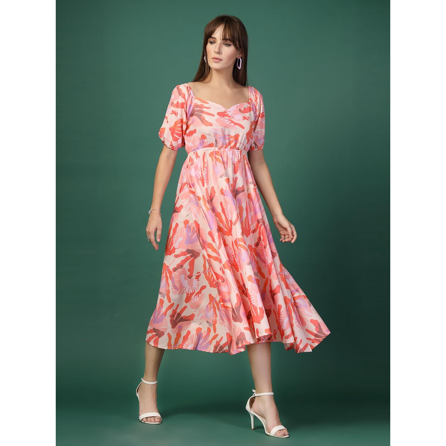 Oomph Flared Dress For Women Stylish | Long One Piece For Women | Puff Sleeve Long Dress | Floral Print Maxi One Piece | Western & Fusion Wear