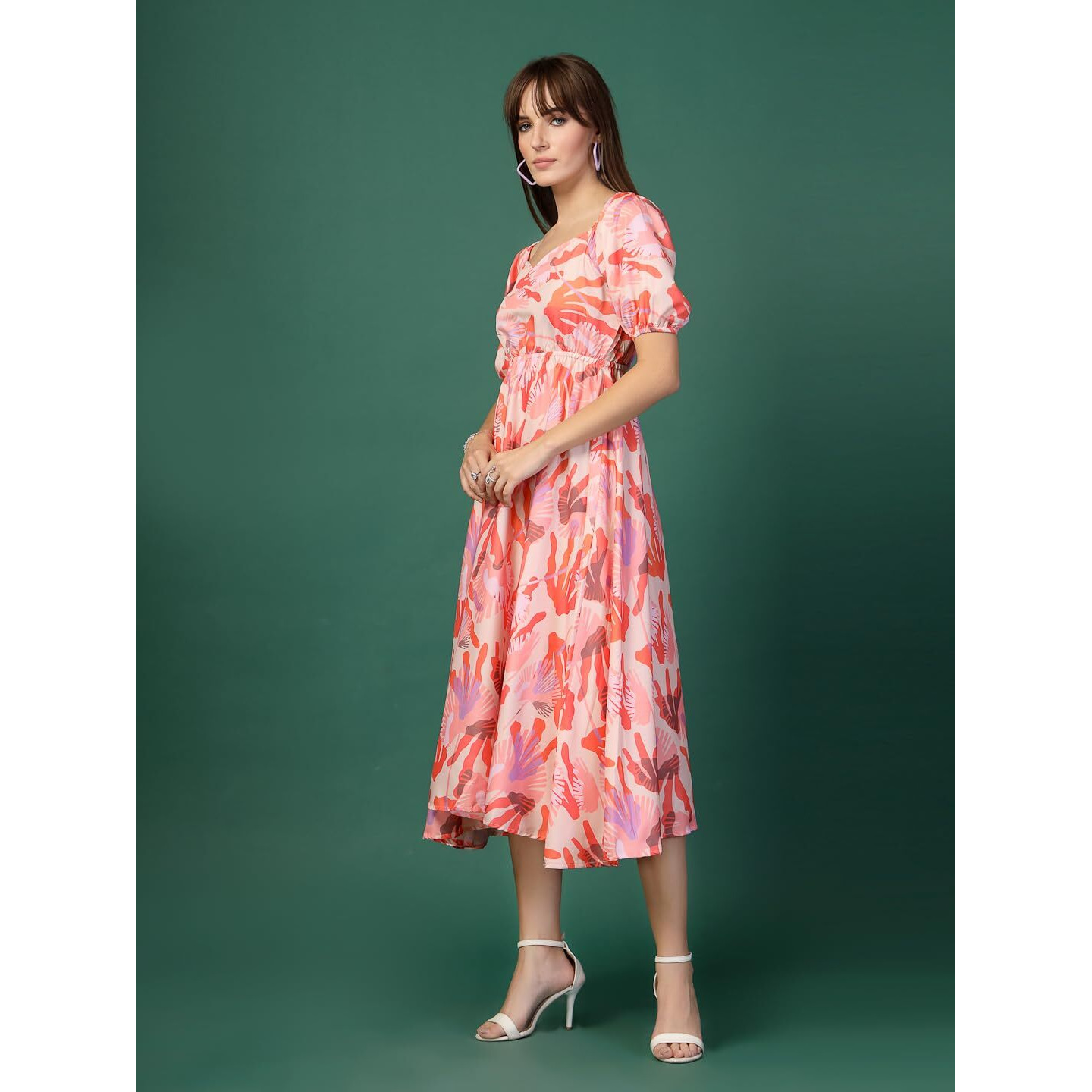 Oomph Flared Dress For Women Stylish | Long One Piece For Women | Puff Sleeve Long Dress | Floral Print Maxi One Piece | Western & Fusion Wear