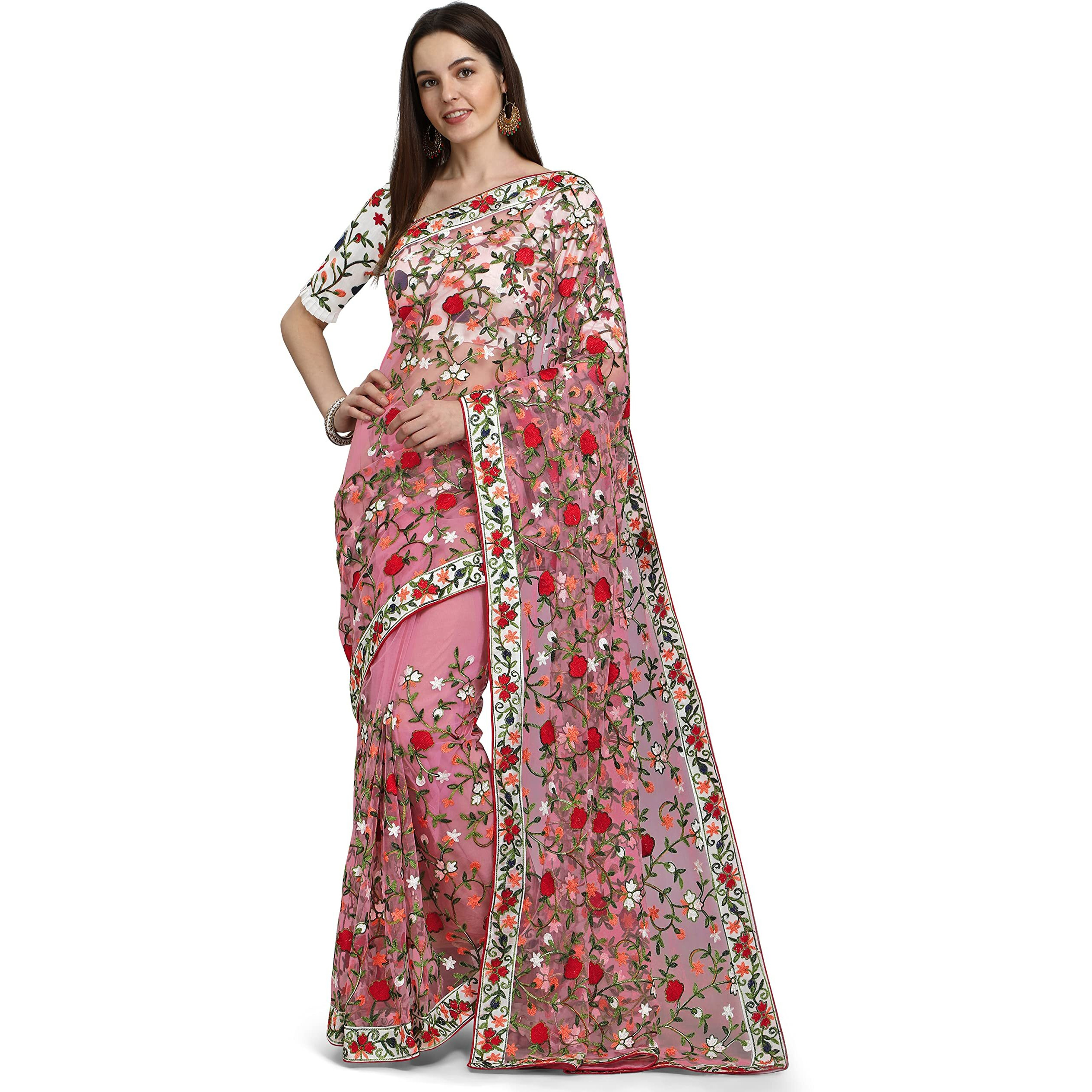 Patlani Fashion New Bollywood Blockbuster Design Launching Net Embroidery Designer Saree Pink.