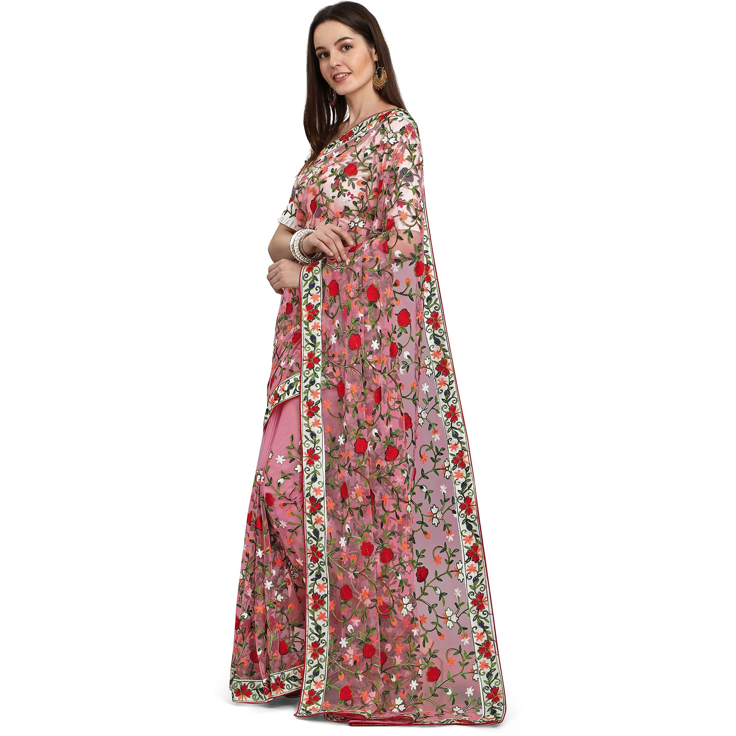 Patlani Fashion New Bollywood Blockbuster Design Launching Net Embroidery Designer Saree Pink.