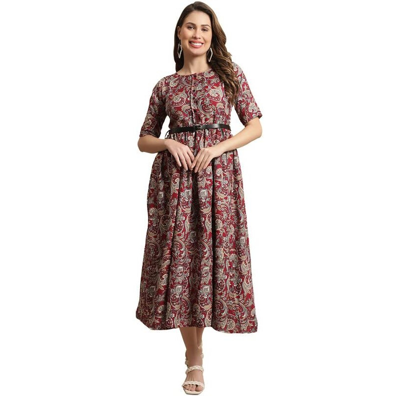 Preneum Women's Georgette Floral Printed 3/4 Slevees A-Line Fit & Flare Gown With Beltindo-Western Ethnic Gown || A-Line Maxi Dress Casual Wear || Fit & Flare Flared Hem Design, Red, 2Xl
