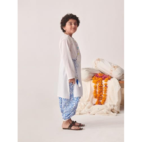 Pspeaches Boys Floral Printed Regular Thread Work Kurta With Dhoti Pants (12-13Years)