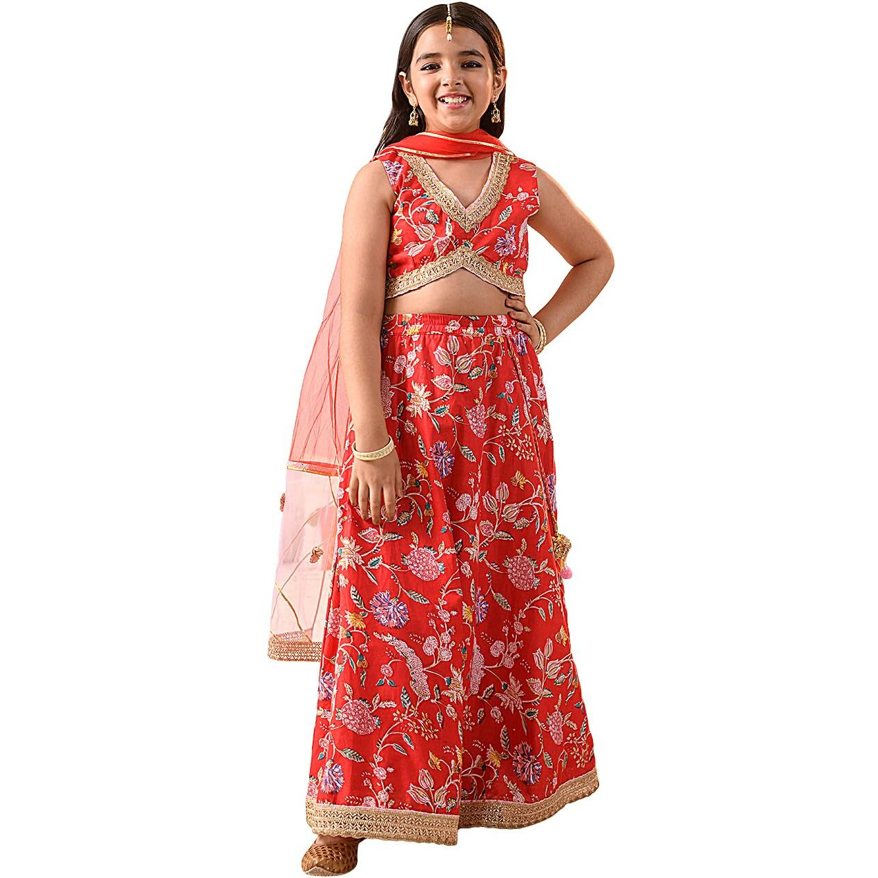 Pspeaches Girl's Cotton Lehenga Choli (L-Redpinkflower_Red_12-13Y)